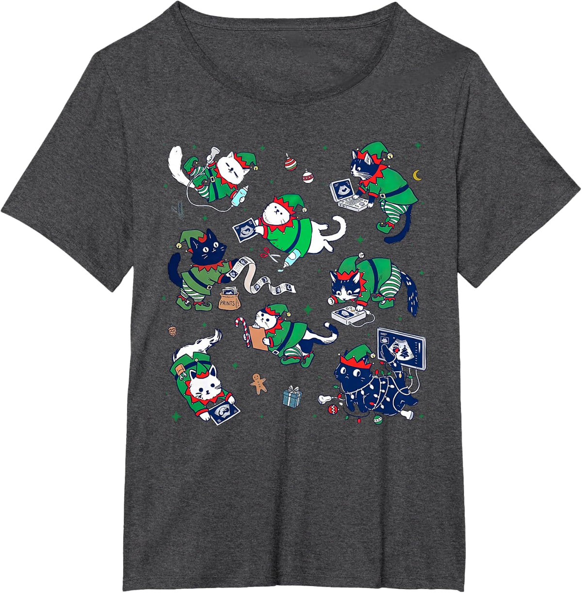 Cute Cat Elf Sonographer Christmas MFM Ultrasound Tech RDCS T-Shirt - Dark Heather Grey