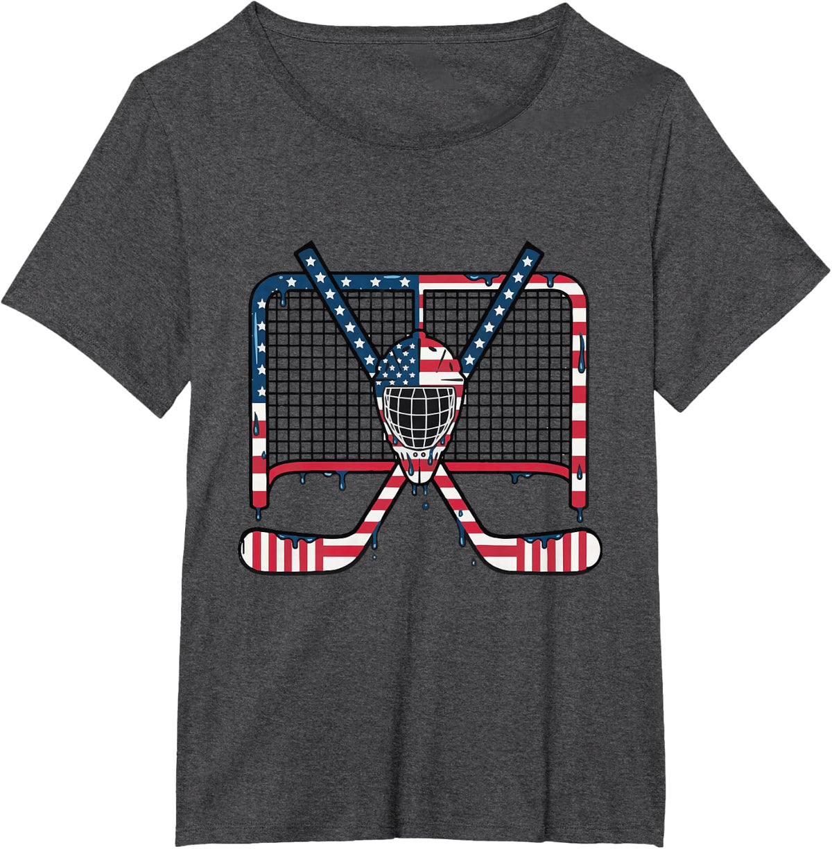 Ice Hockey Drip Goalie Field American Flag Boys Youth Men T-Shirt - Dark Heather Grey