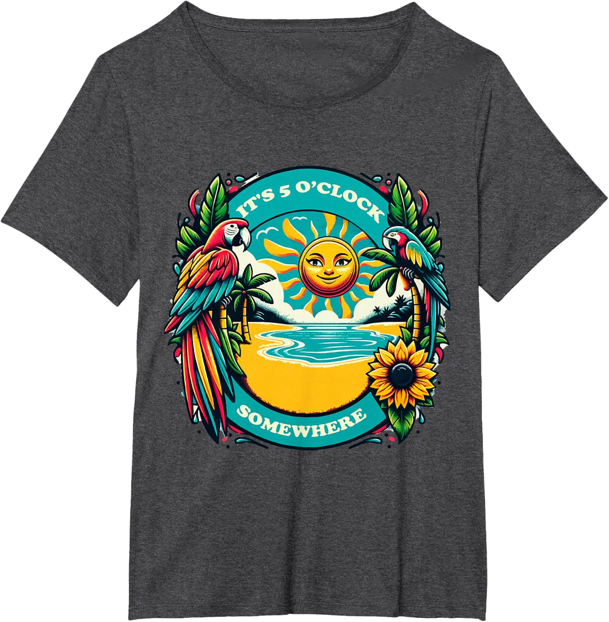 It's 5 O’clock Somewhere-Parrot Summer Beach T-Shirt - Dark Heather Grey