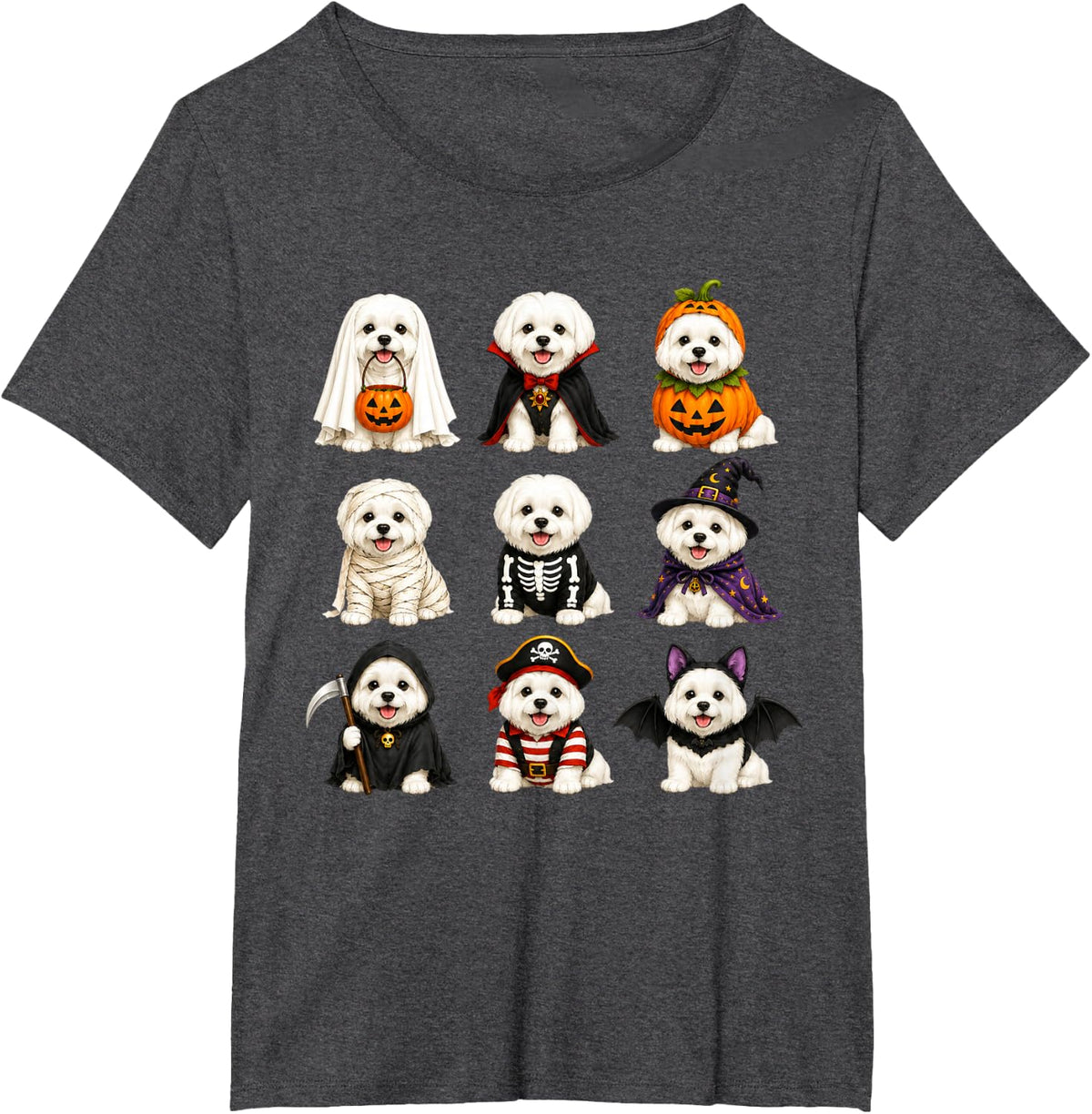 Halloween Maltese Squad Pumpkin Vampire Mummy Witch Dog T-Shirt - Dark Heather Grey