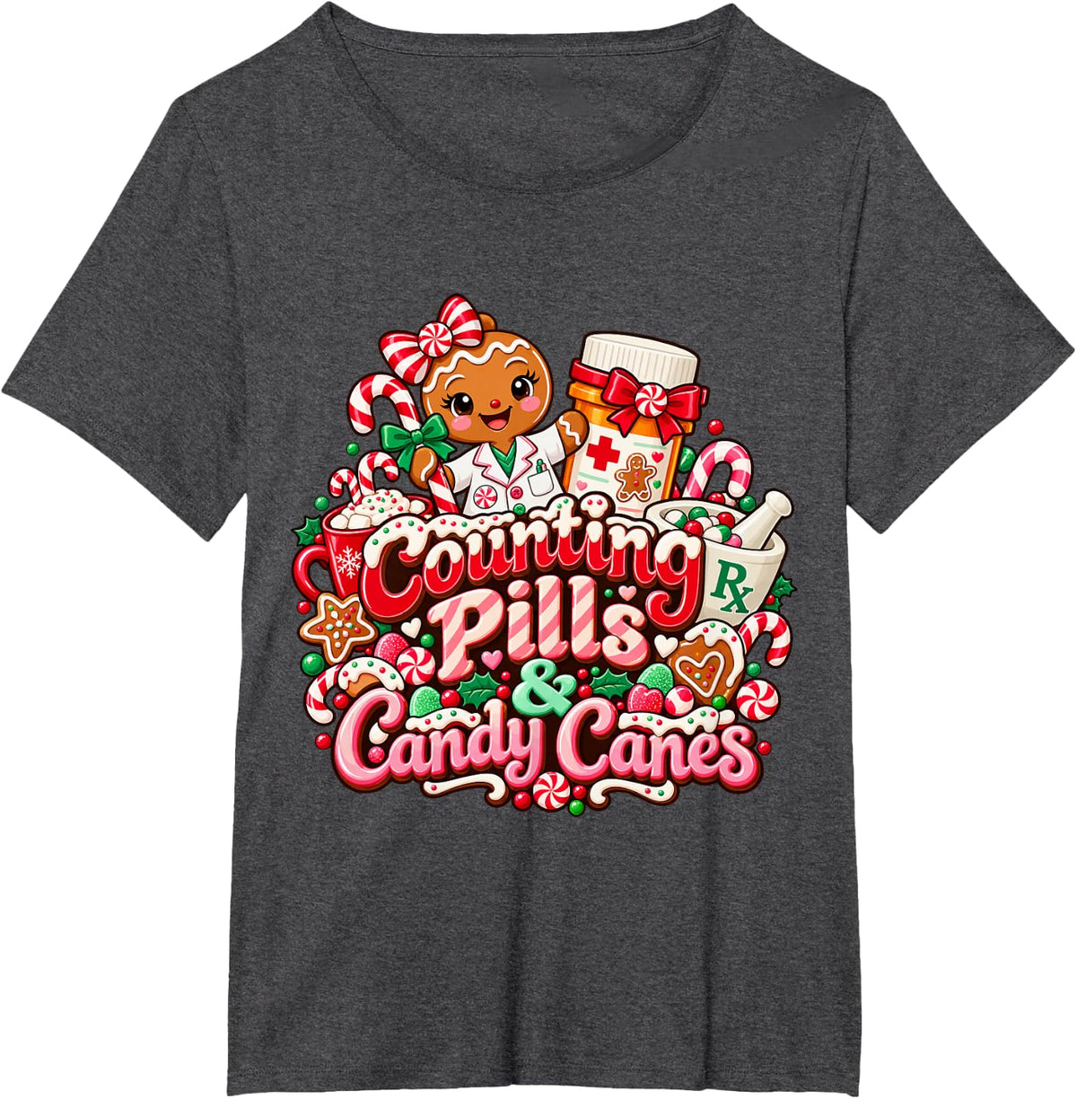 Christmas Pharmacist - Counting Pills & Candy Canes T-Shirt - Dark Heather Grey