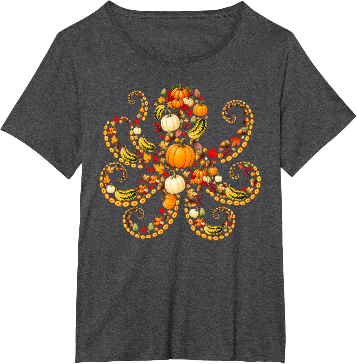 Funny Octopus Fall Autumn Leaves Pumpkins Happy Thanksgiving T-Shirt - Dark Heather Grey