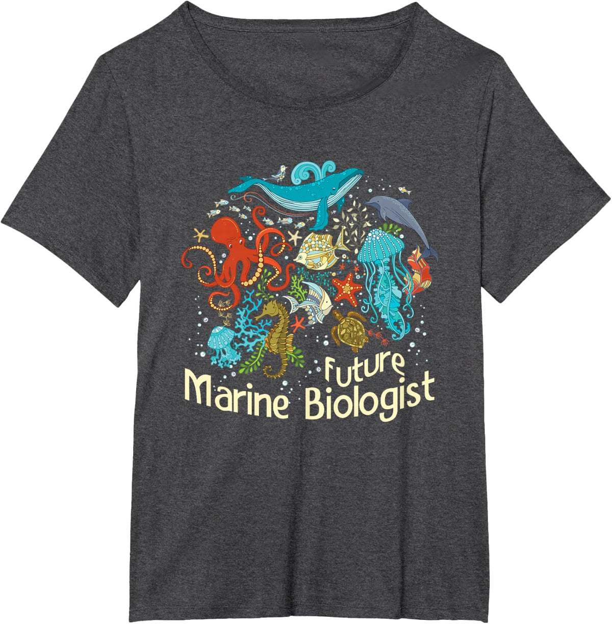 Future Marine Biologist Ocean Life Collage Drawing Whale T-Shirt - Dark Heather Grey