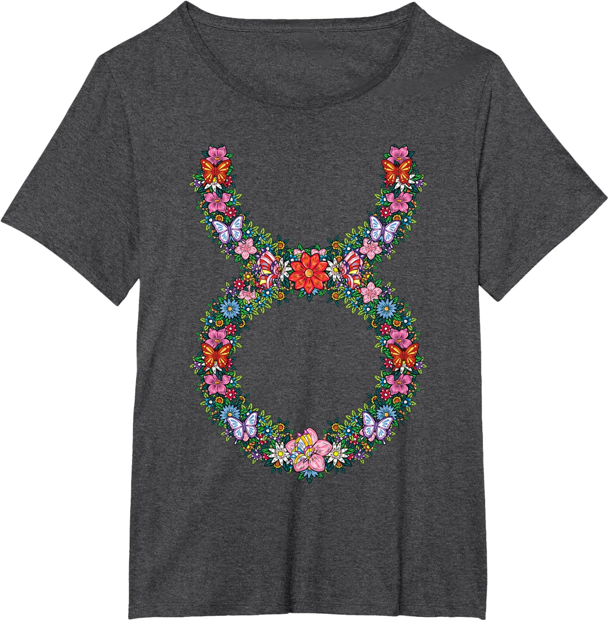 Floral Taurus Zodiac Sign Symbol April May Birthday T-Shirt - Dark Heather Grey