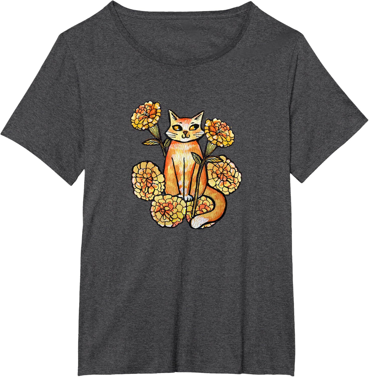 Ginger Tabby Cat with Orange Marigolds Cozy Autumn Floral T-Shirt - Dark Heather Grey