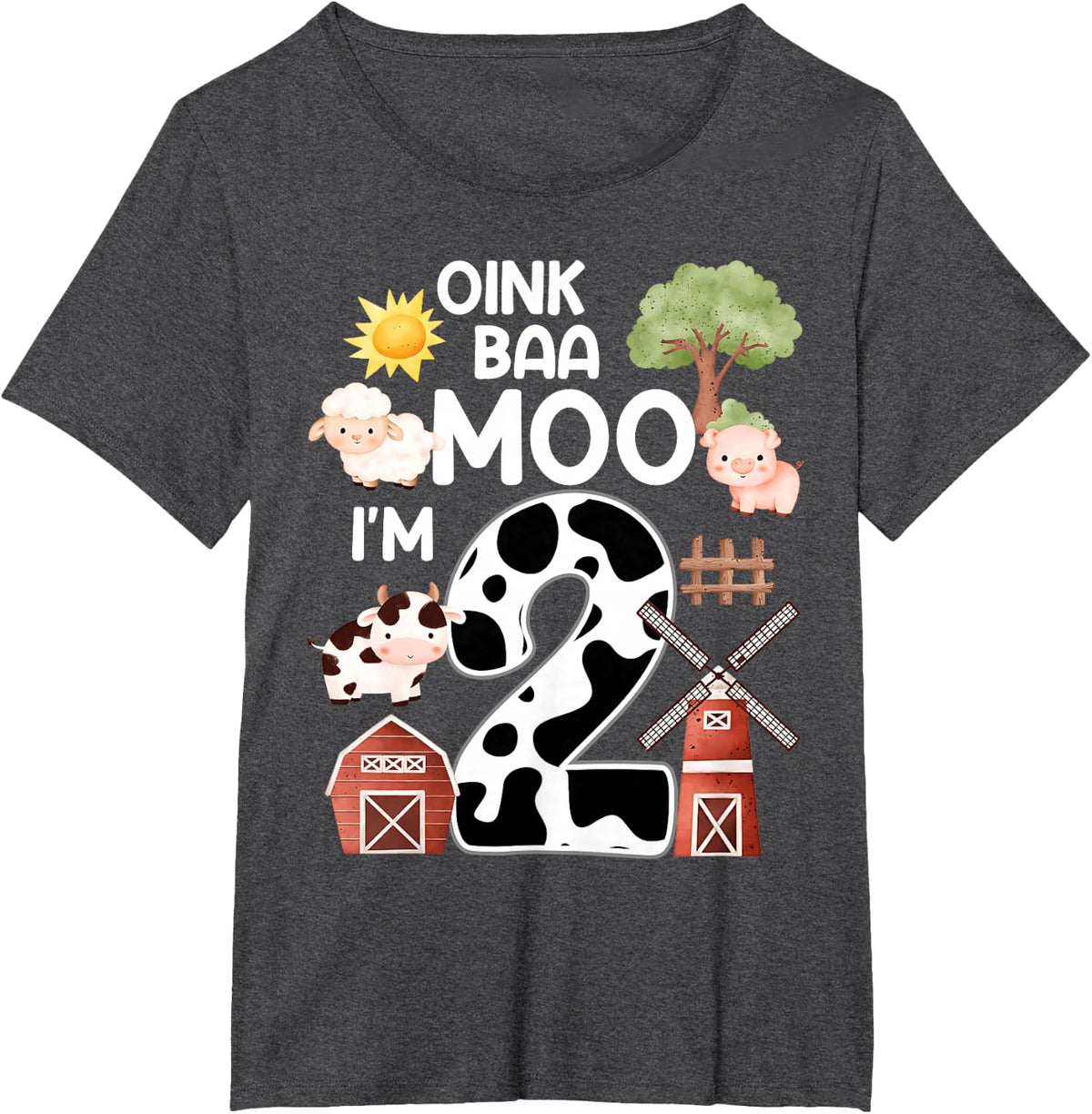Oink Baa Moo I'm 2 Farm Theme Birthday Gift 2 Year Old Party T-Shirt - Dark Heather Grey