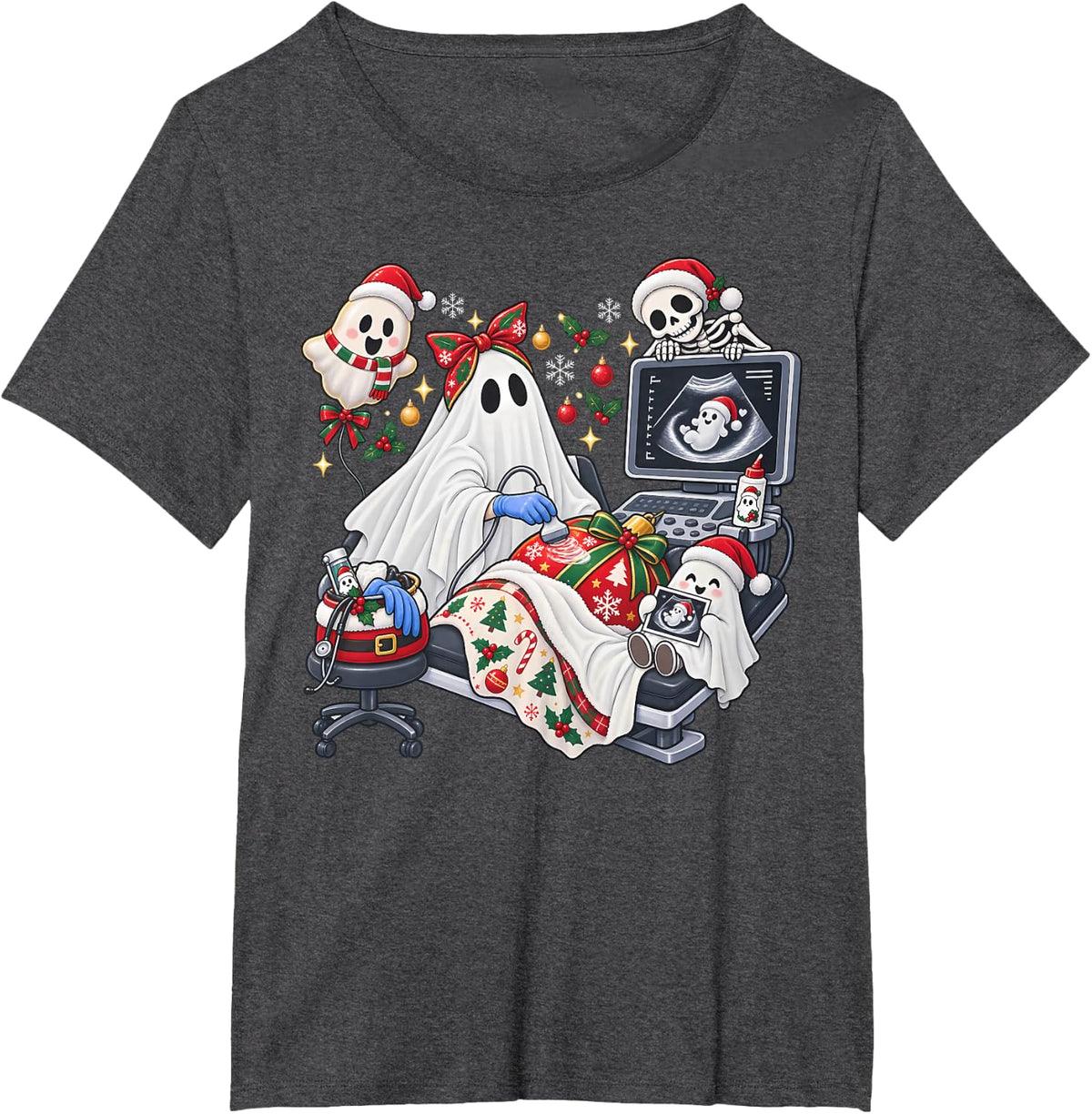 Christmas Cute Ghost Santa Sonographer Ultrasound Tech MFM T-Shirt - Dark Heather Grey