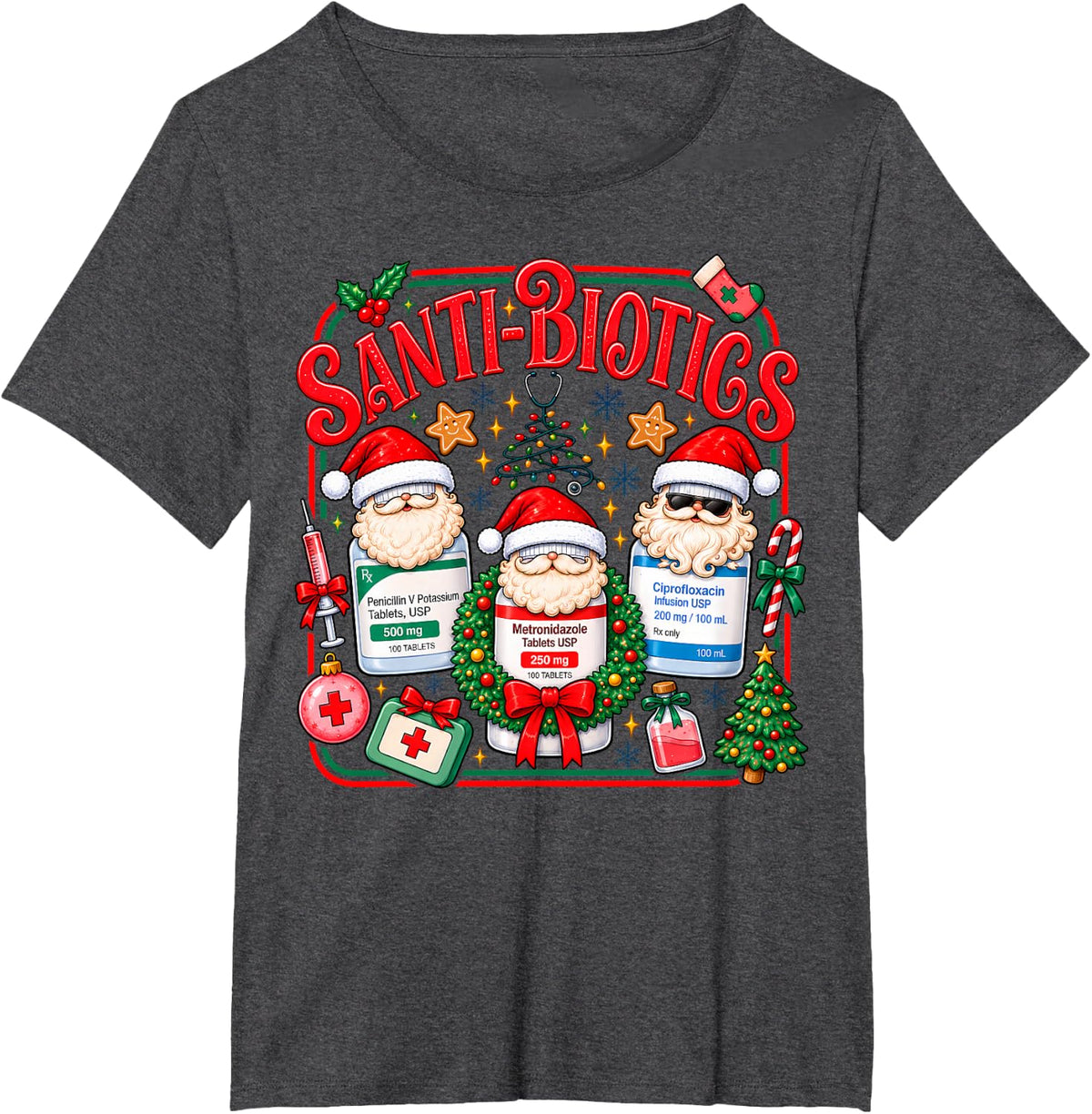 Funny Pharmacist Christmas Antibiotics Pharmacy Holiday T-Shirt - Dark Heather Grey