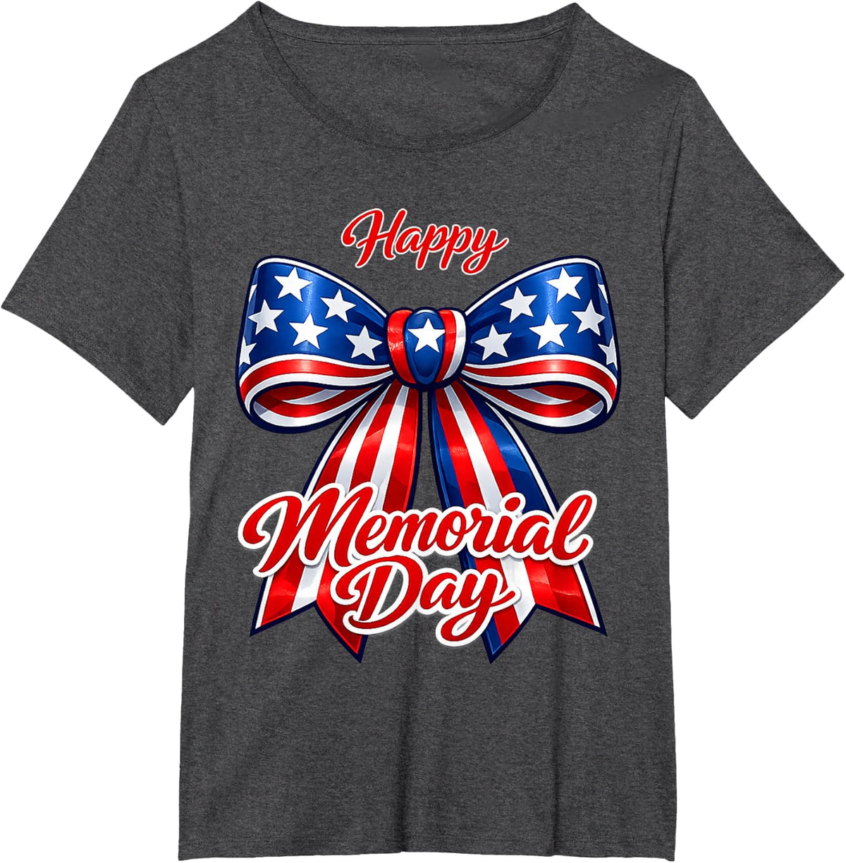 Patriotic Happy Memorial Day Shirt, American Flag Ribbon Bow T-Shirt - Dark Heather Grey