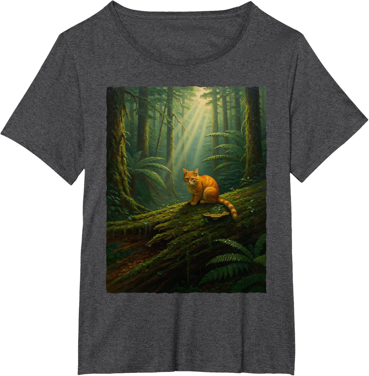 Ginger Orange Tabby Cat in Woodland Forest Nature Sunlight T-Shirt - Dark Heather Grey