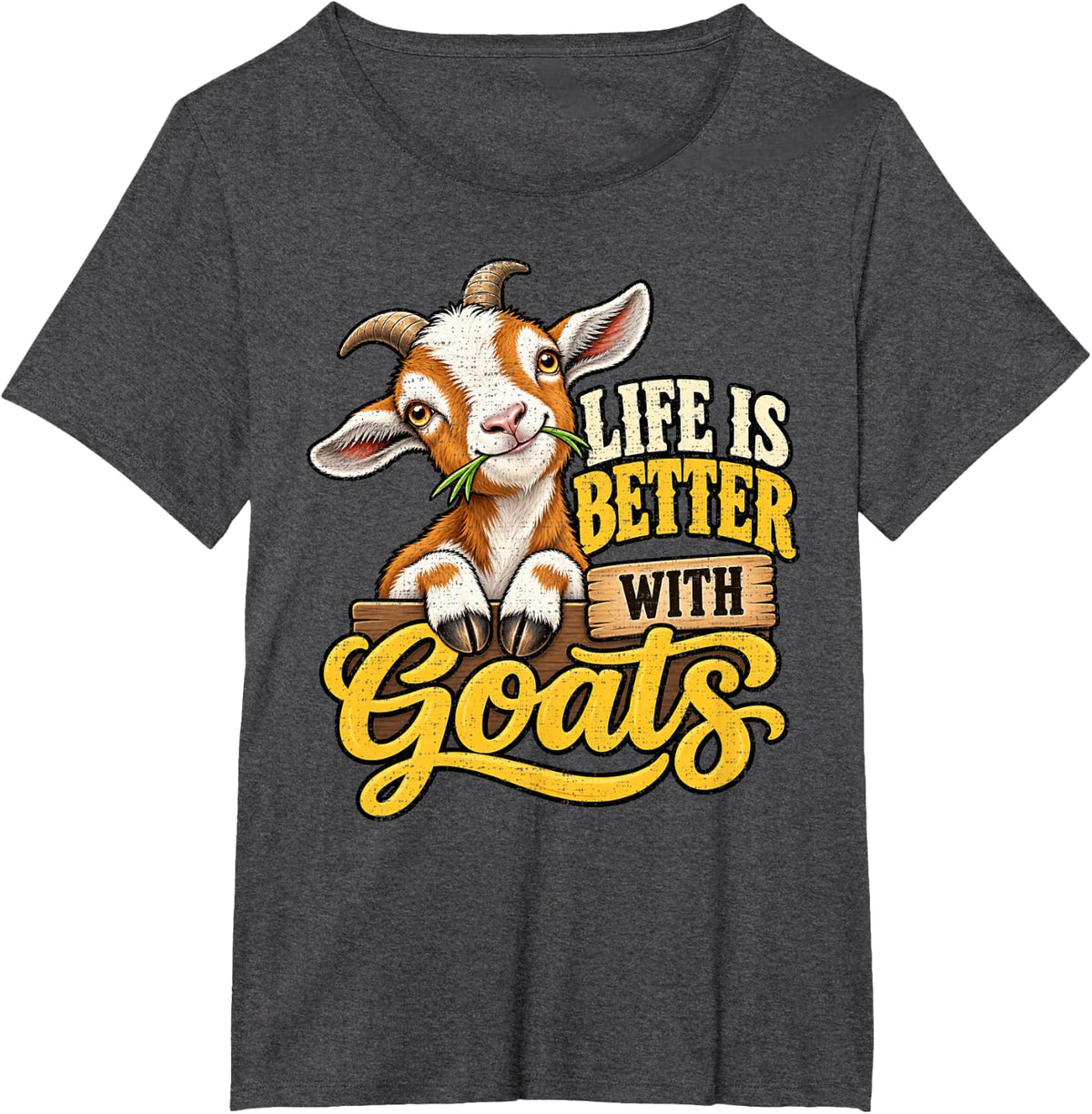 Life is Better with Goats Cute Billy Chewing Straw Graphic T-Shirt - Dark Heather Grey