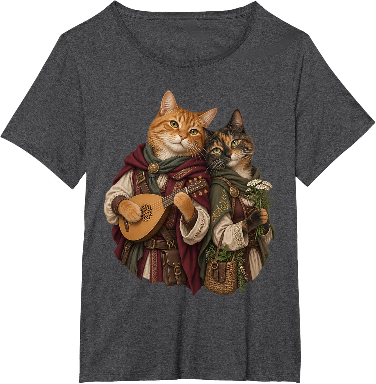Bard and Herbalist Cats Medieval Fantasy RPG Duo T-Shirt - Dark Heather Grey
