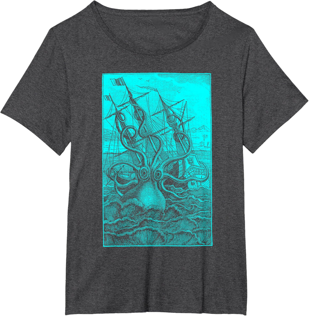 Giant Octopus Pirate Ship Vintage Kraken Sailing Squid T-Shirt - Dark Heather Grey