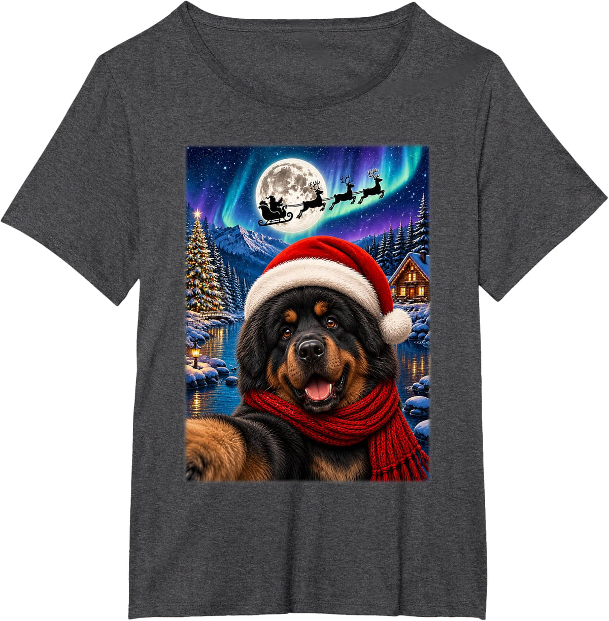 Mastiff Dog Christmas Selfie Moon Night Santa Sleigh Xmas T-Shirt - Dark Heather Grey