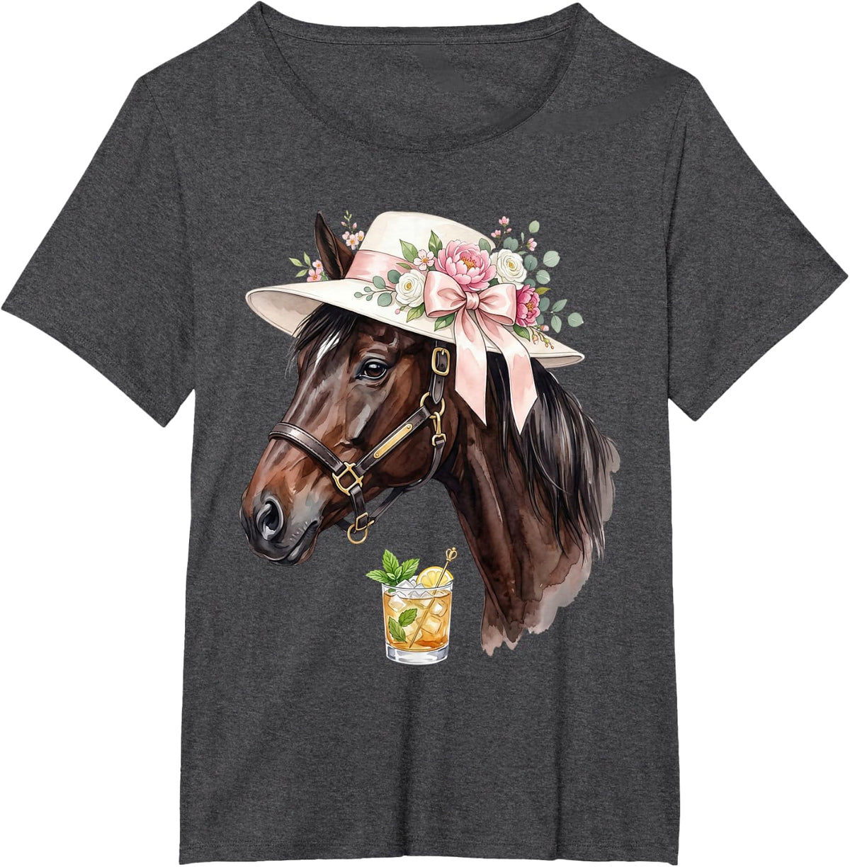 Derby Horse Floral Hat Horseback Mint Julep Equestrian T-Shirt - Dark Heather Grey