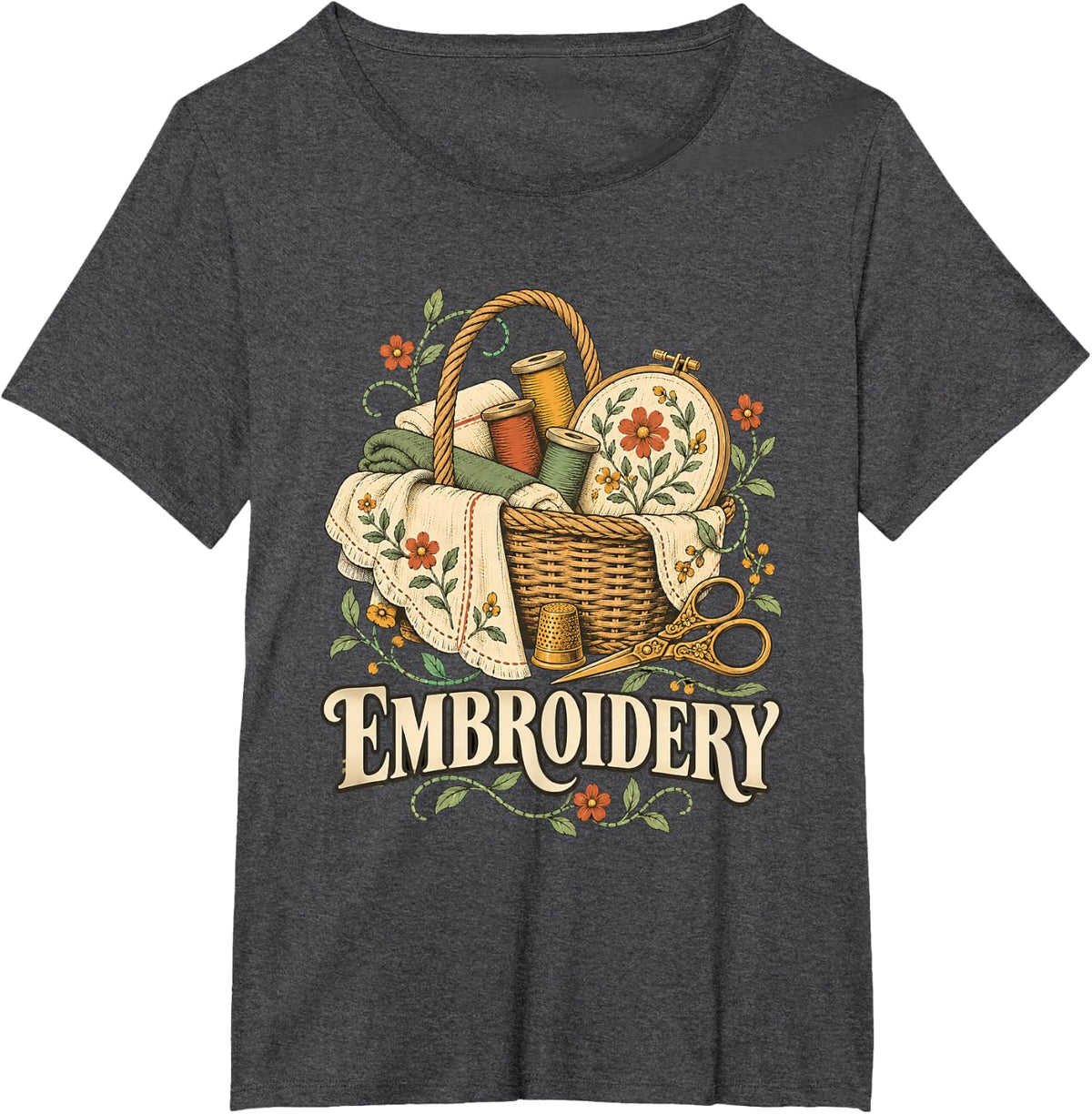 Embroidery Thread Basket Retro Illustration T-Shirt - Dark Heather Grey