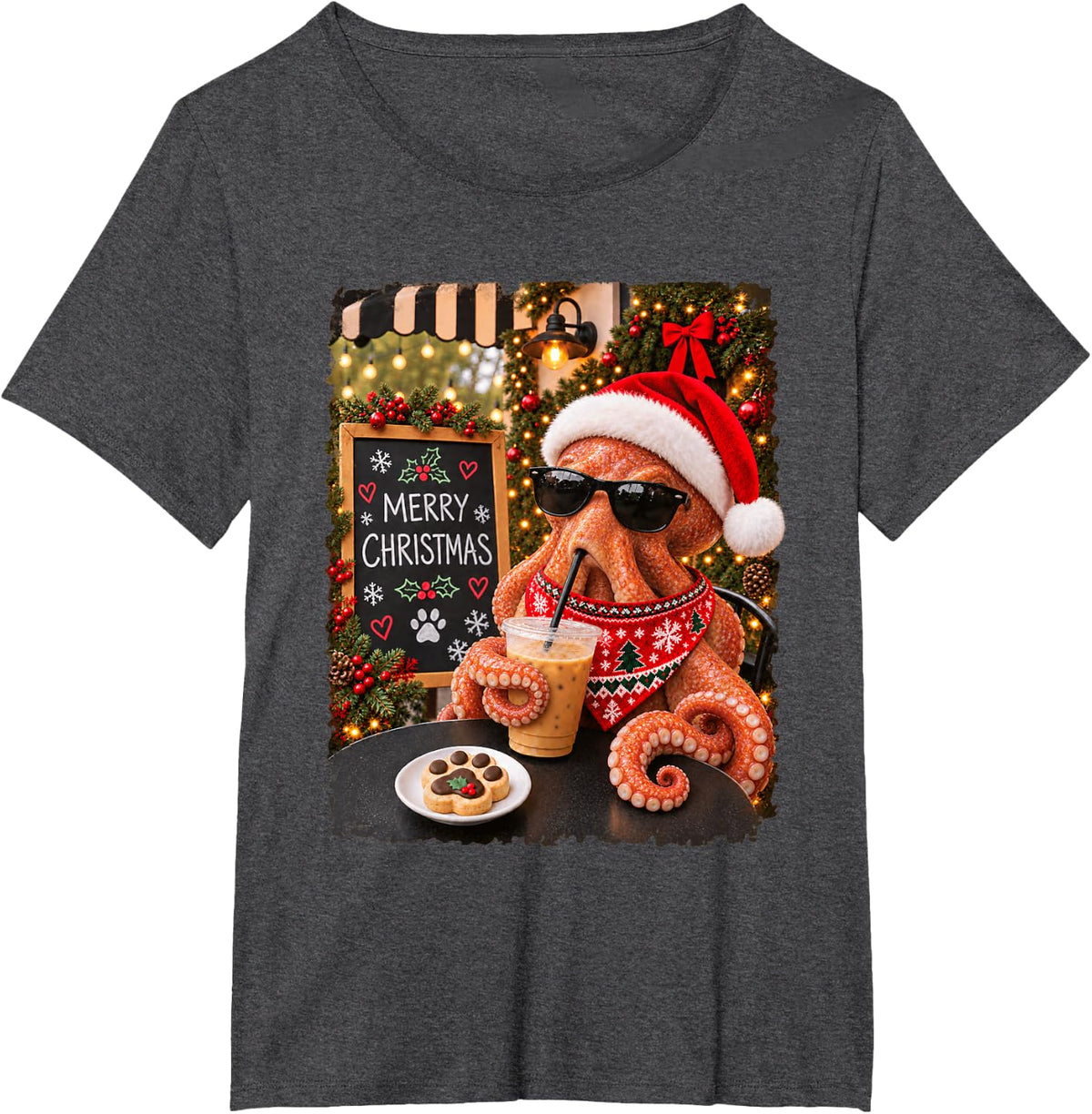 Merry Christmas Chill Octopus Coffee Santa Hat Holiday T-Shirt - Dark Heather Grey