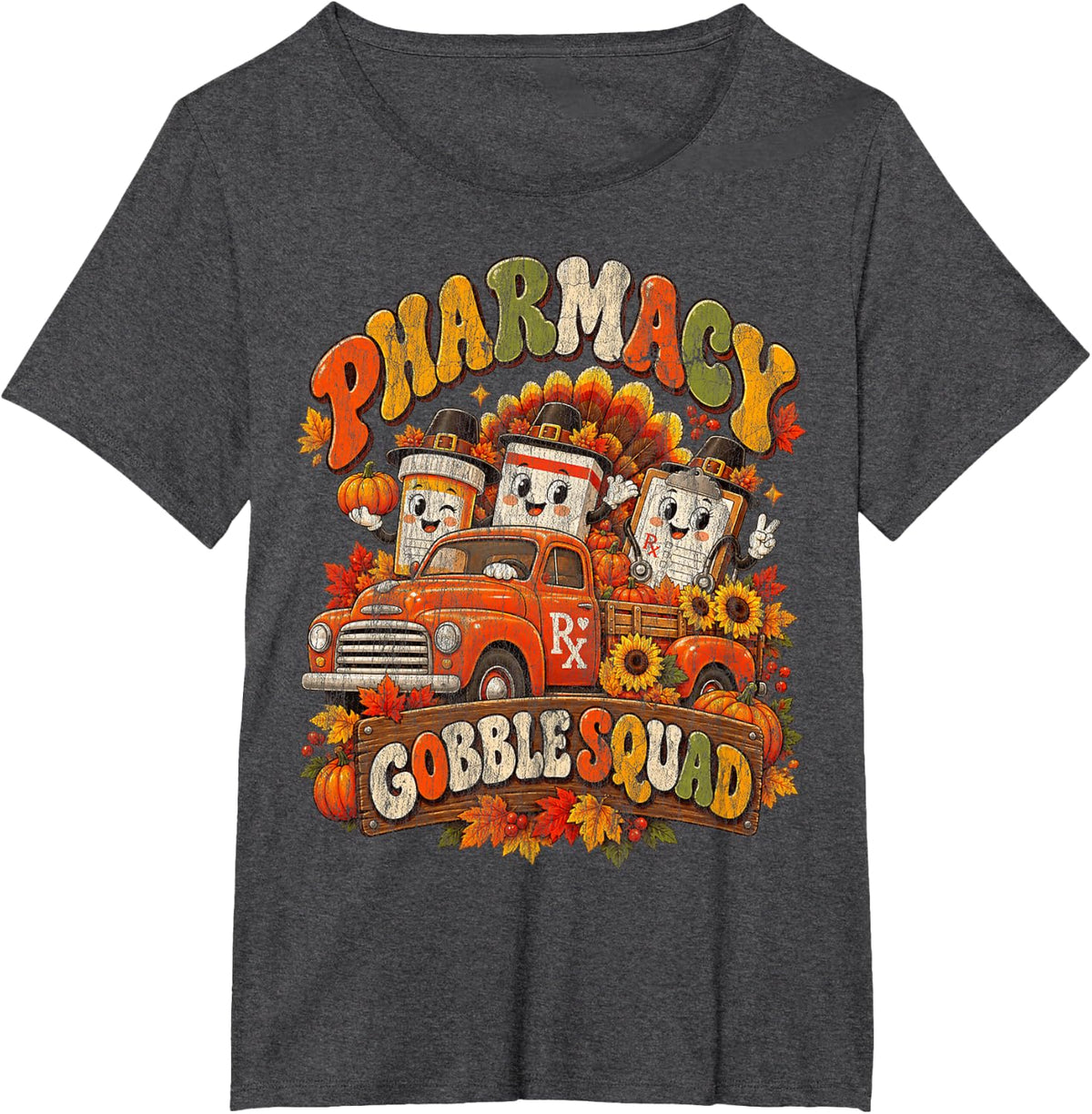 Pharmacy Gobble Squad Cute Thanksgiving Pharmacist Vintage T-Shirt - Dark Heather Grey