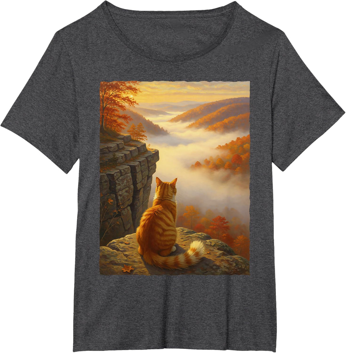Orange Tabby Cat Fall Mountain Sunrise Autumn Foliage Art T-Shirt - Dark Heather Grey