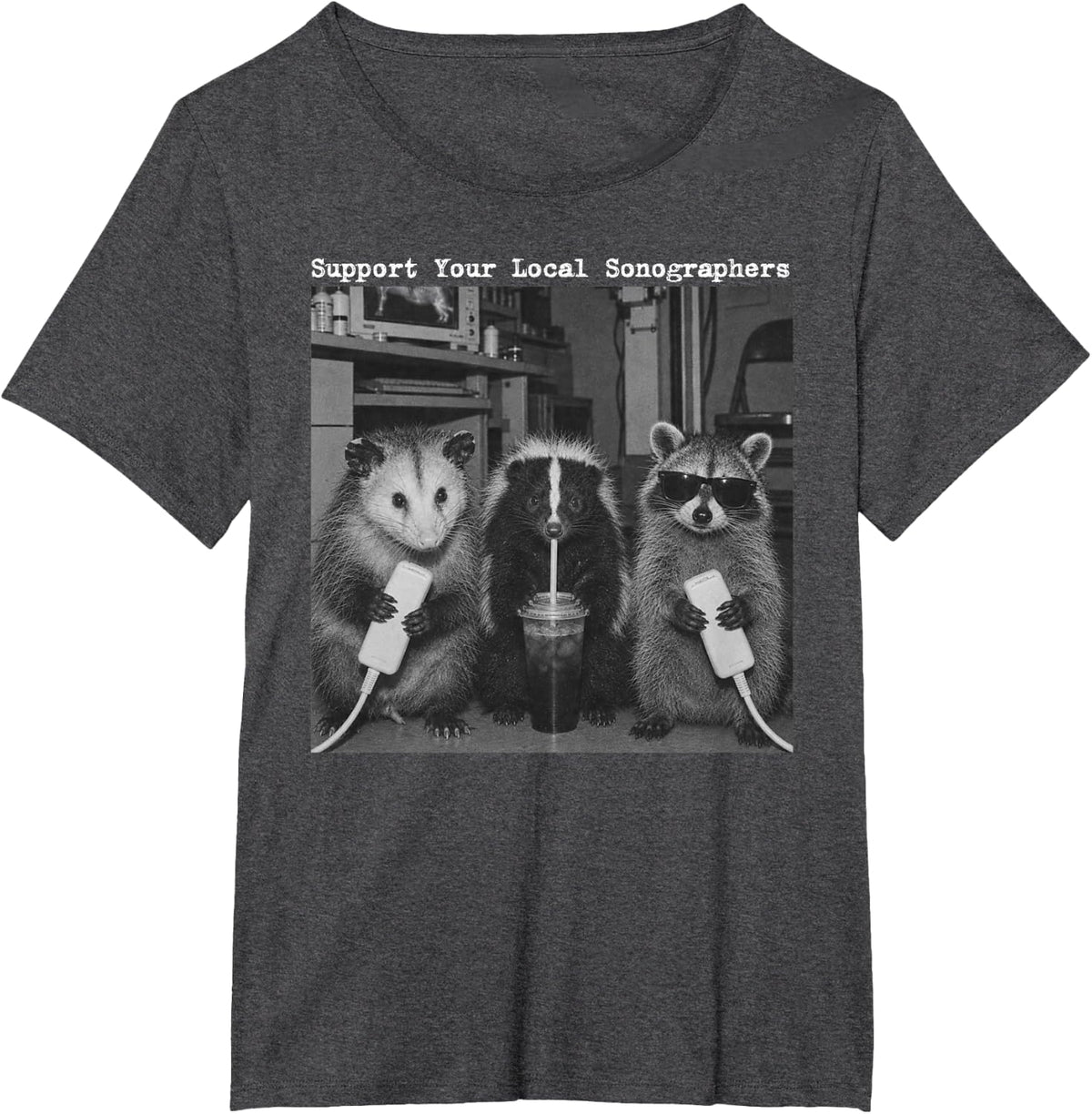 Support Your Local Sonographer Possum Raccoon Ultrasound T-Shirt - Dark Heather Grey