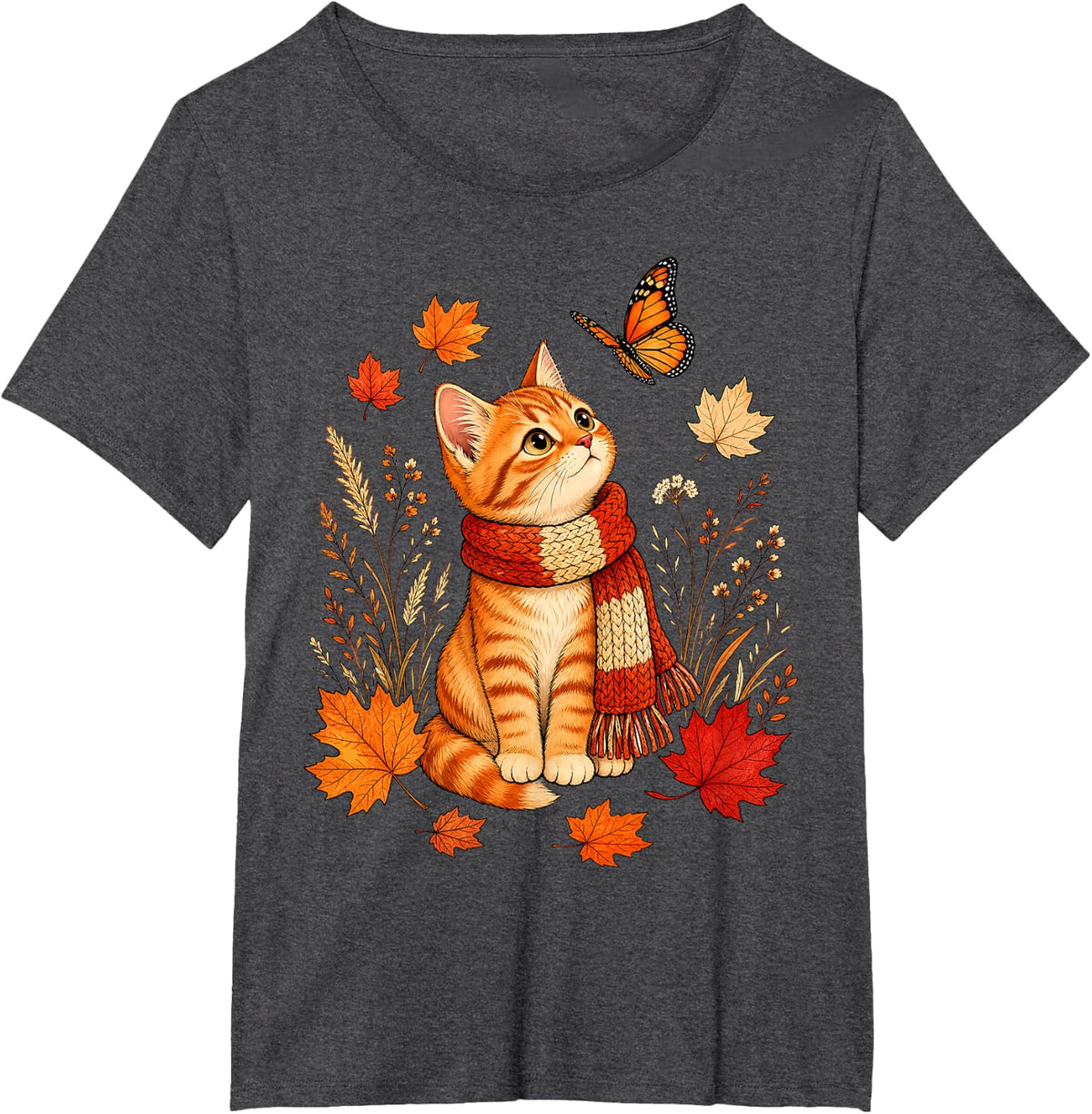 Ginger Tabby Cat Butterfly Fall Maple Leaf Aesthetic Art T-Shirt - Dark Heather Grey