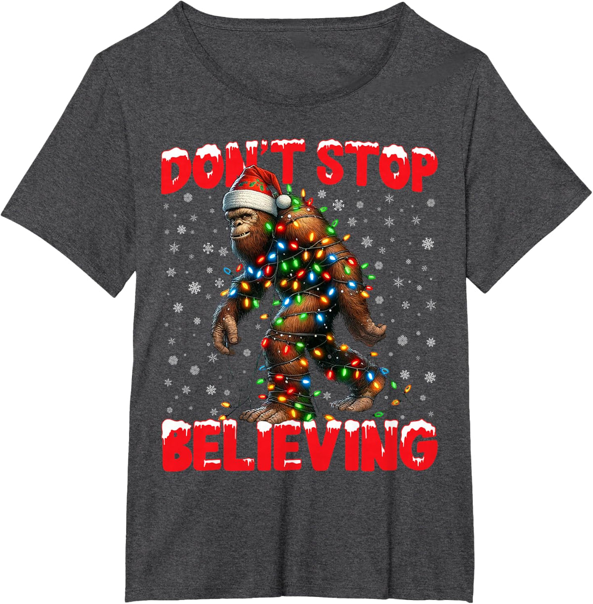 Christmas Bigfoot Don't Stop Believing Santa Hat Lights Tees T-Shirt - Dark Heather Grey
