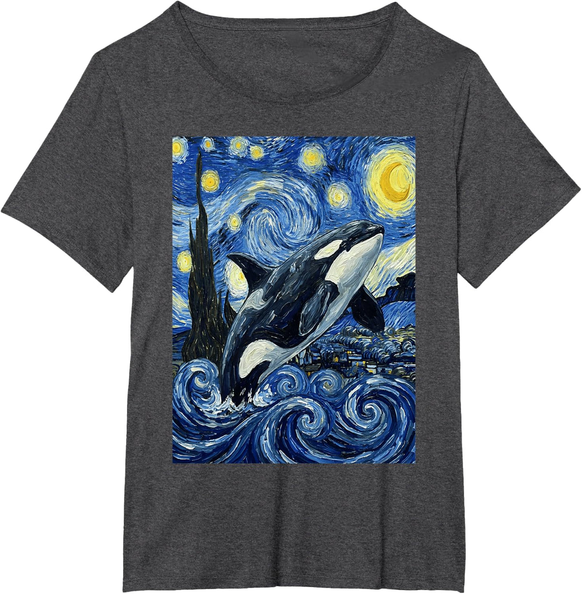 Van Gogh Orca Starry Night Whale Art T-Shirt - Dark Heather Grey