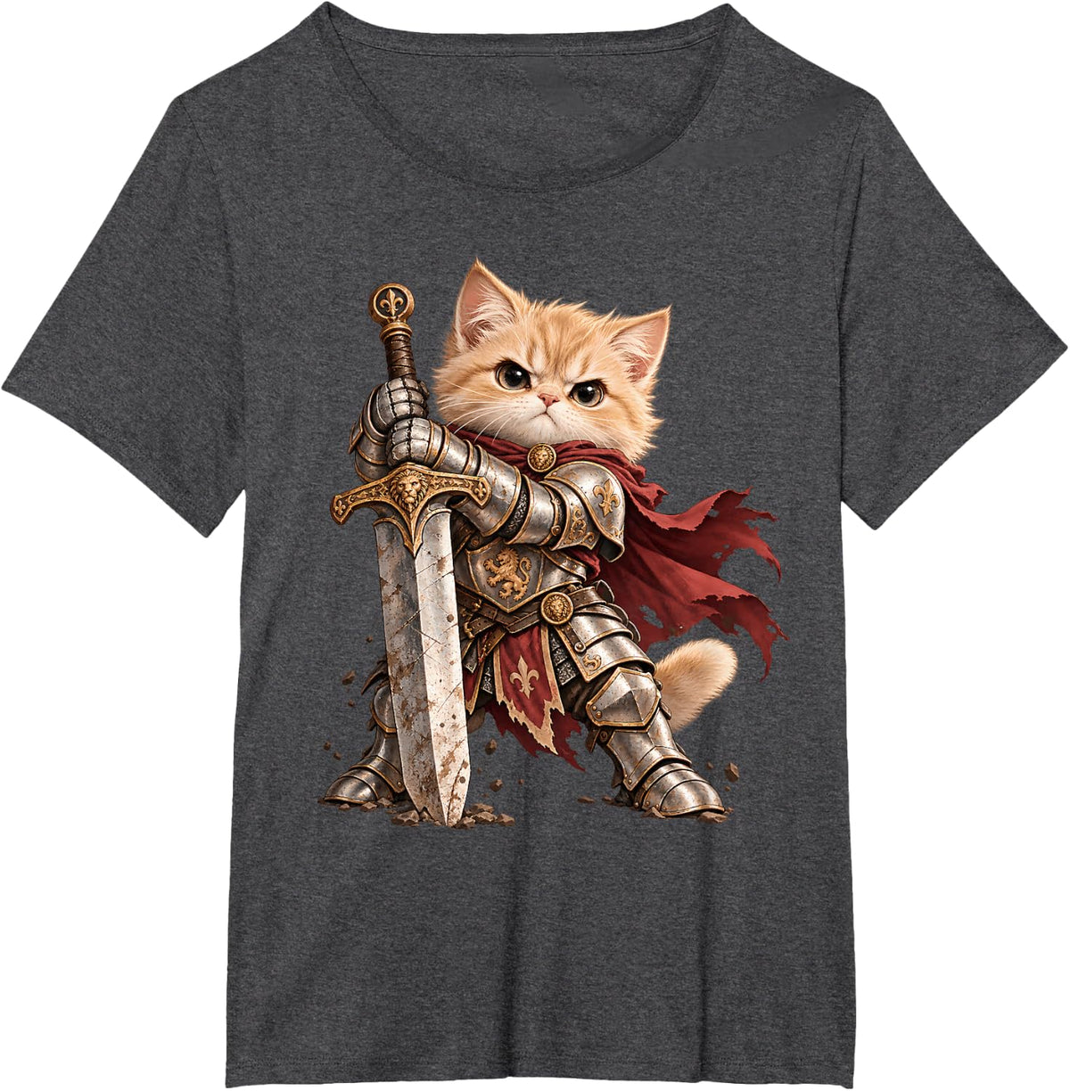 Cute Ginger Kitten Knight Large Sword Red Cape T-Shirt - Dark Heather Grey