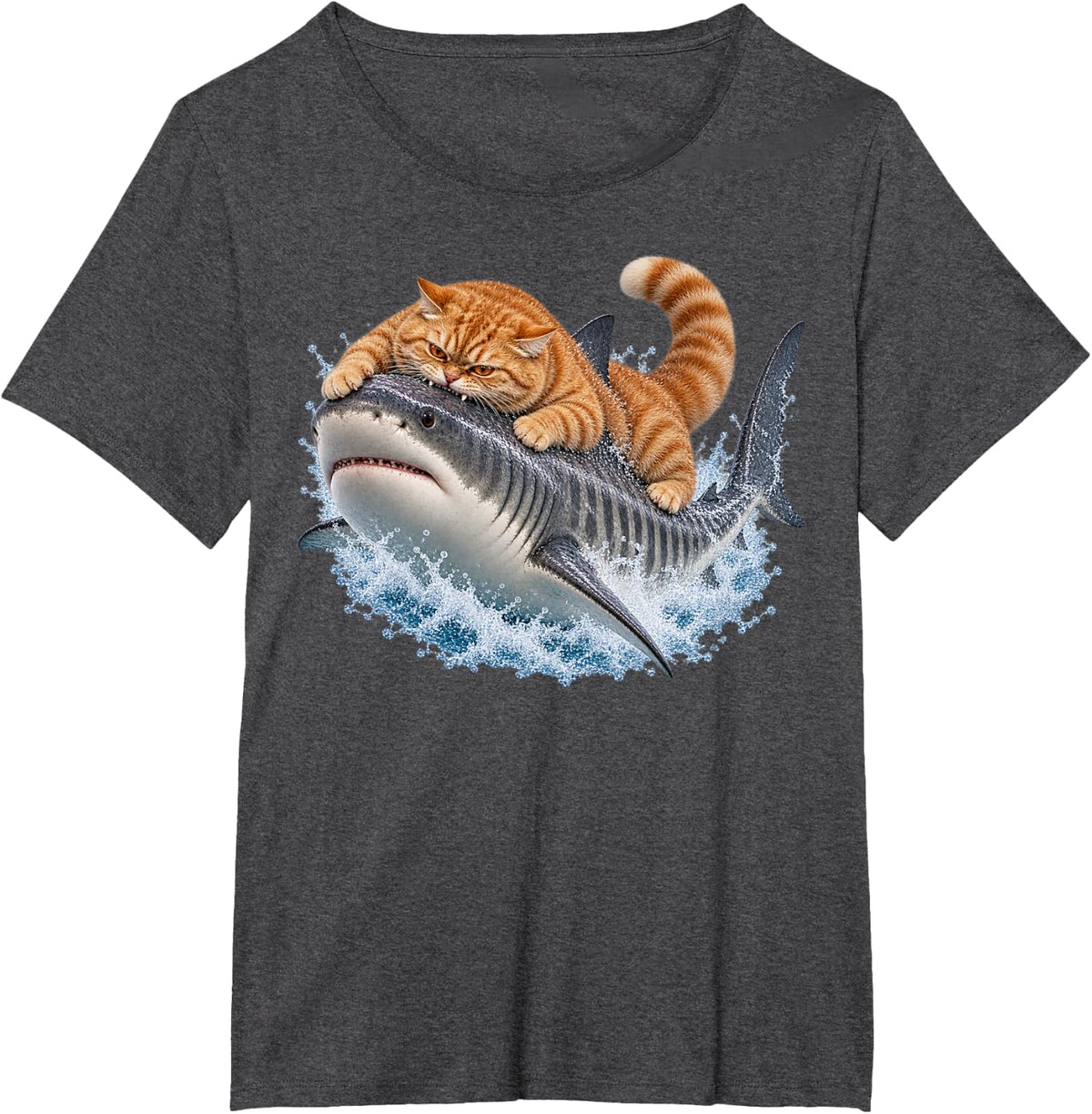 Ginger Cat Biting a Tiger Shark T-Shirt - Dark Heather Grey