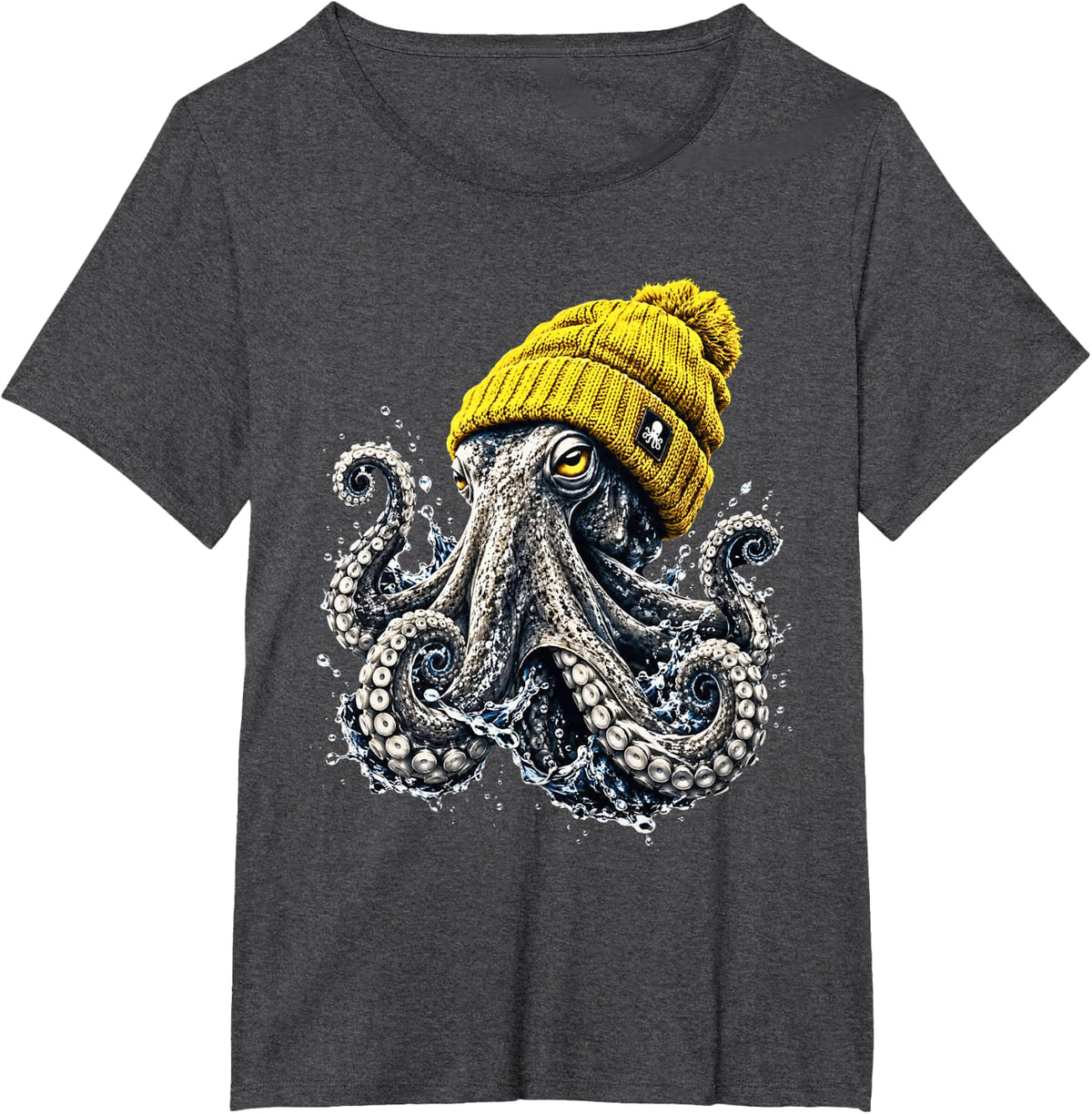 Funny Octopus Wearing Beanie Cool Ocean Animal Winter T-Shirt - Dark Heather Grey