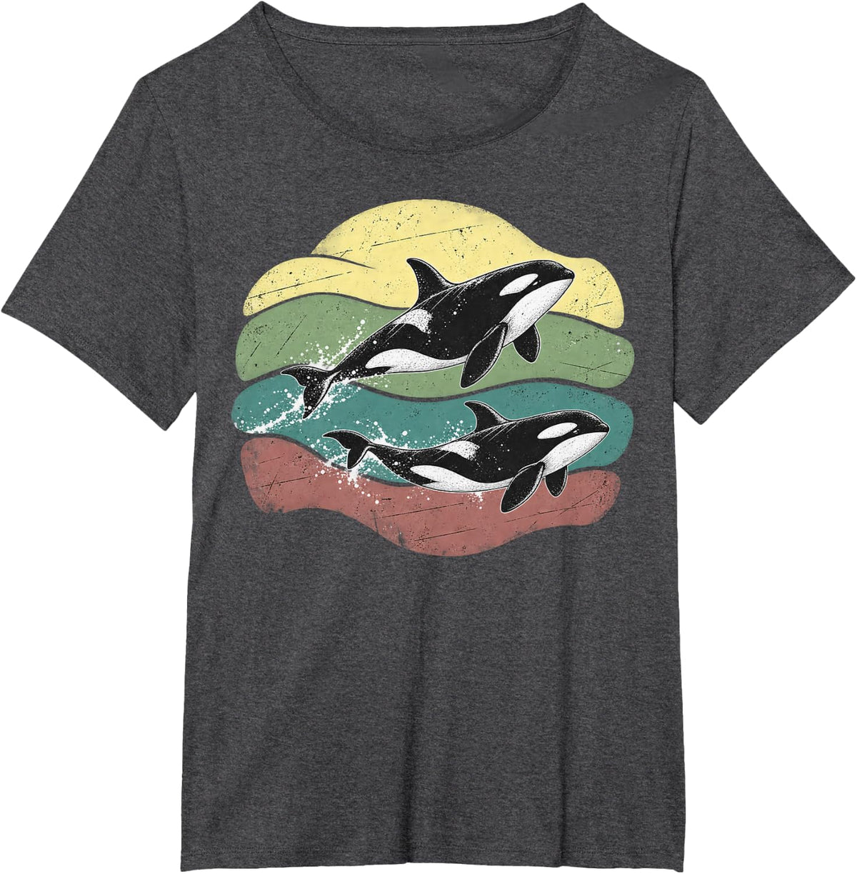 Retro Orca Sunset Ocean Wildlife Art T-Shirt - Dark Heather Grey