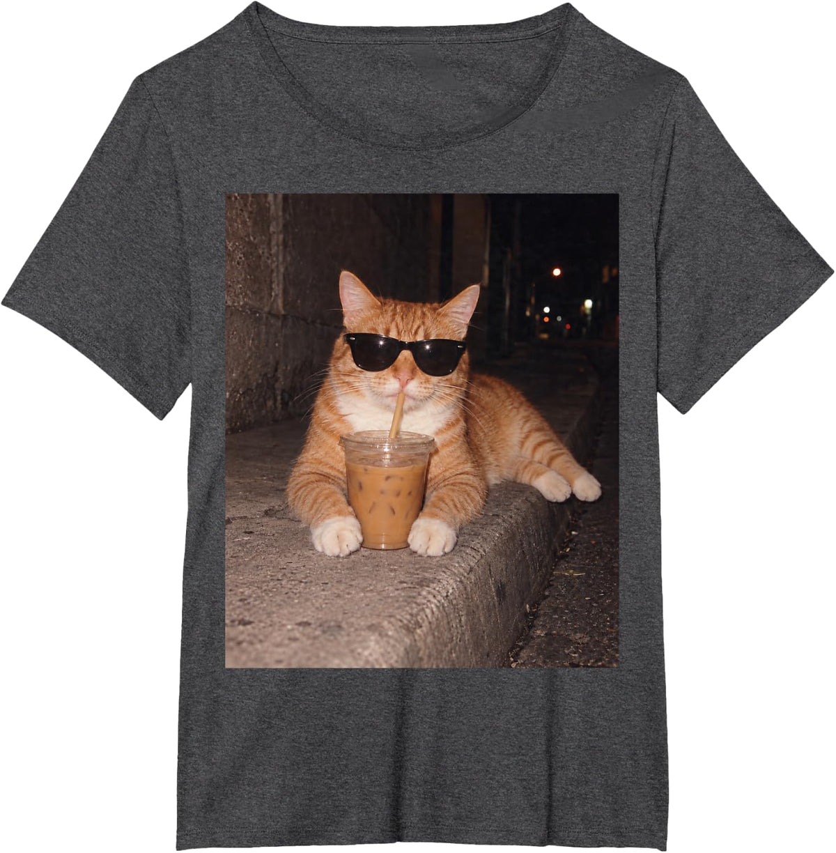 Funny Ginger Tabby Cat Drinking Iced Coffee Sunglasses T-Shirt - Dark Heather Grey