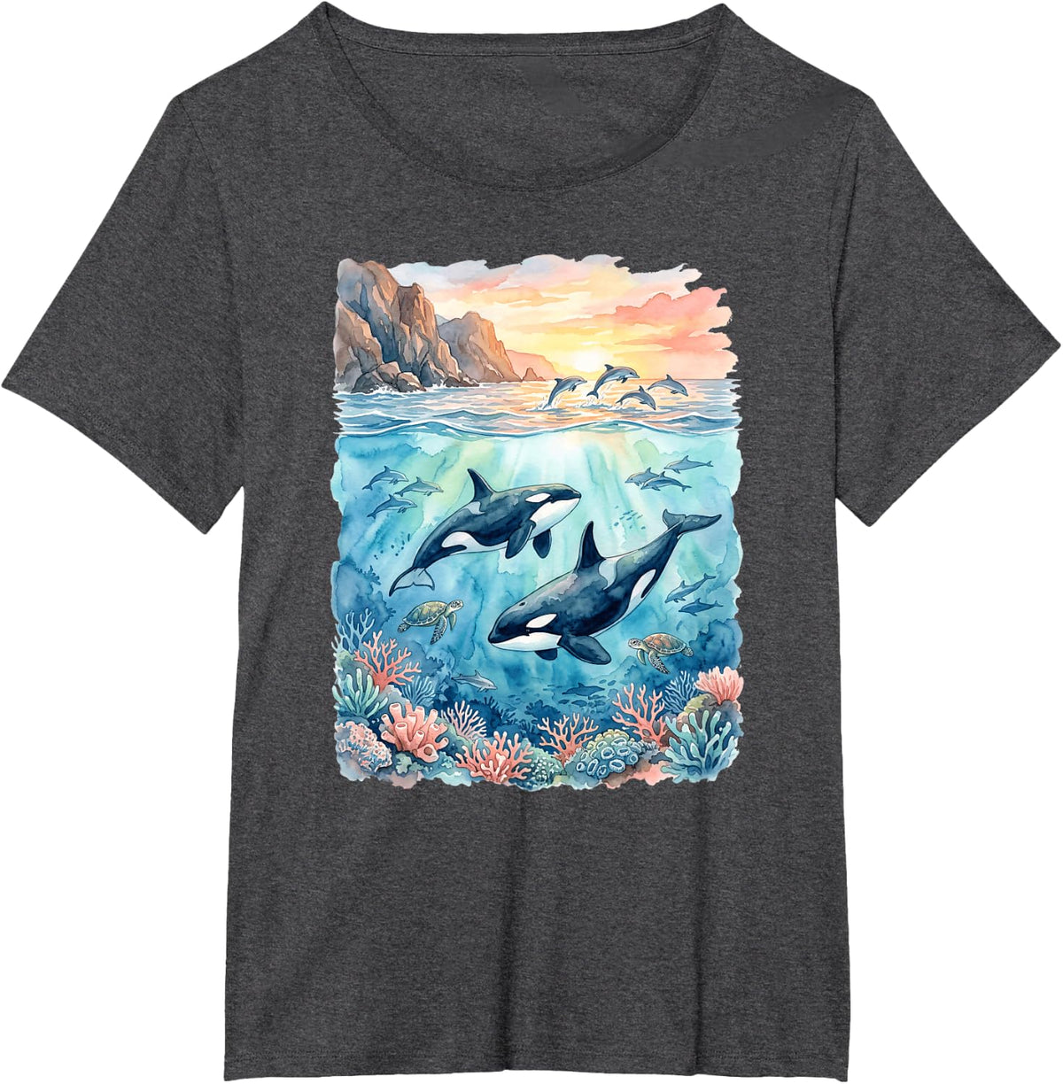 Orca Whale Ocean Art T-Shirt - Dark Heather Grey
