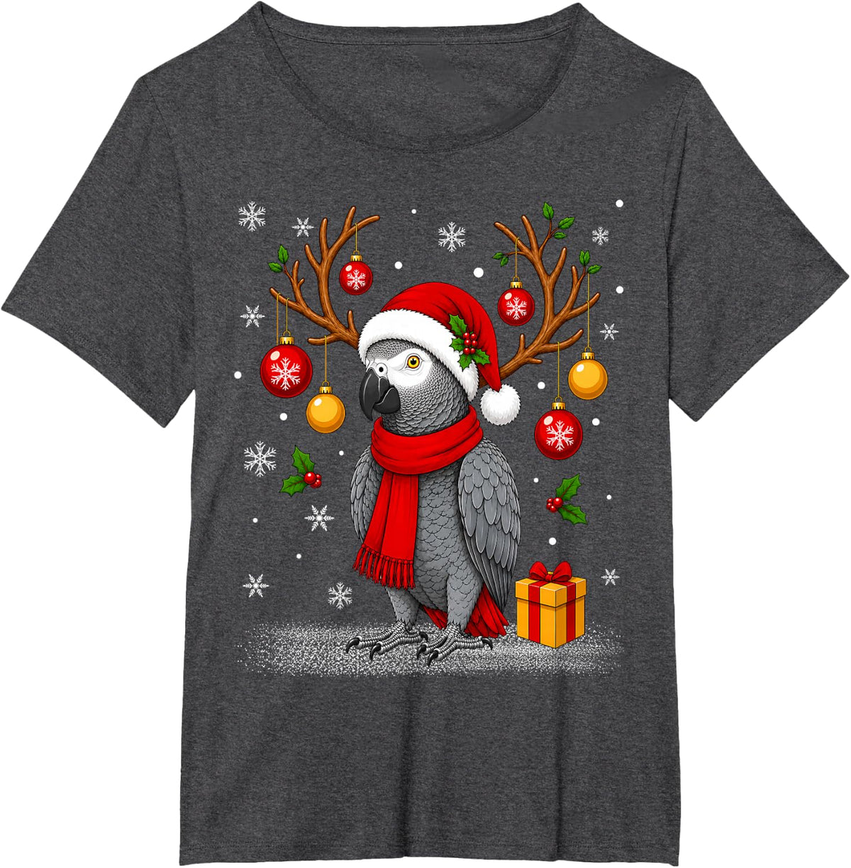 Cute Grey Parrot Santa Hat Christmas T-Shirt - Dark Heather Grey
