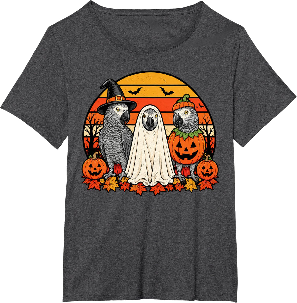 Spooky African Grey Parrot Pumpkin Ghost Halloween T-Shirt - Dark Heather Grey
