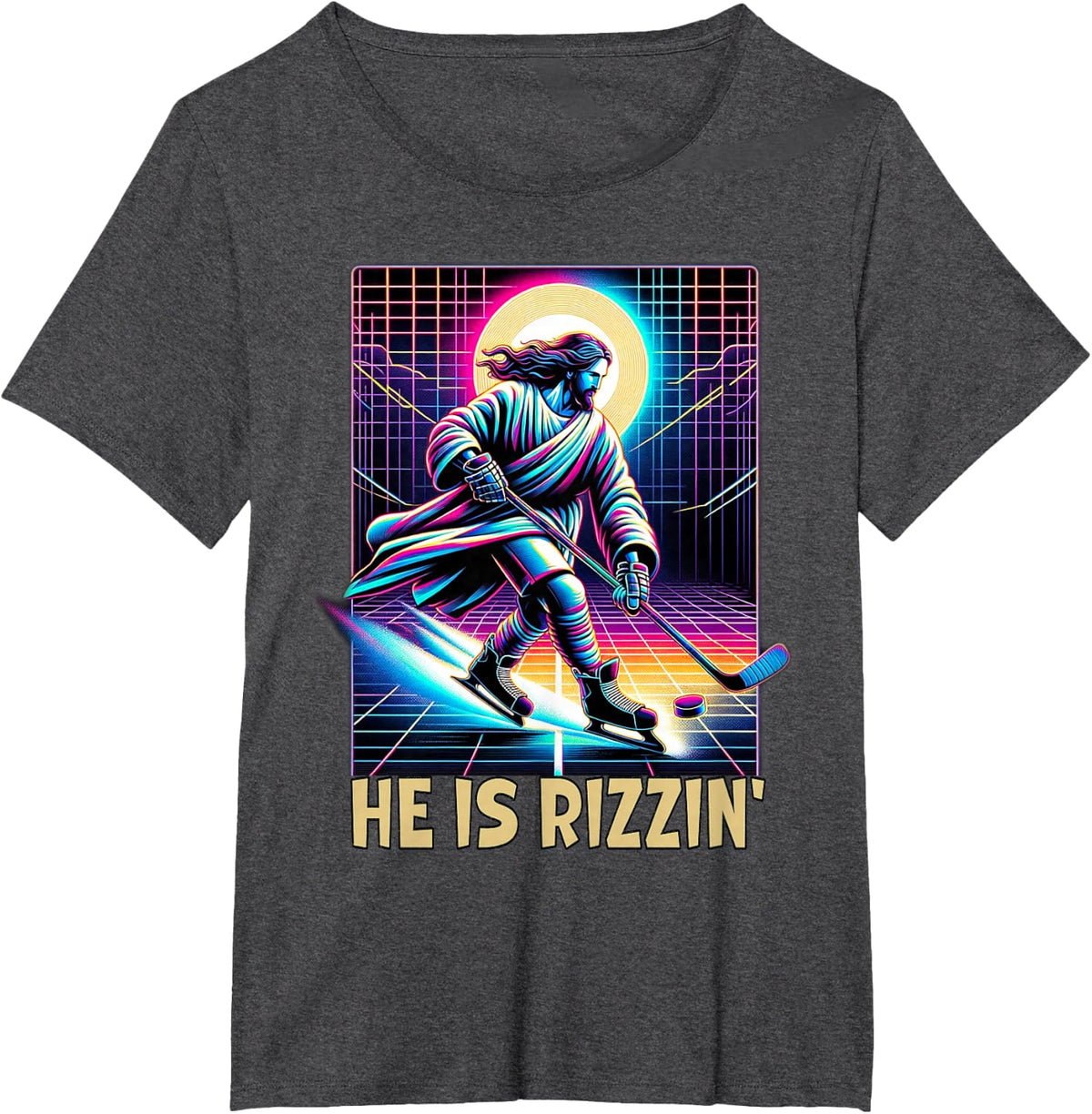 He Is Rizzin Christian Ice Hockey Lover Jesus Meme Religious T-Shirt - Dark Heather Grey