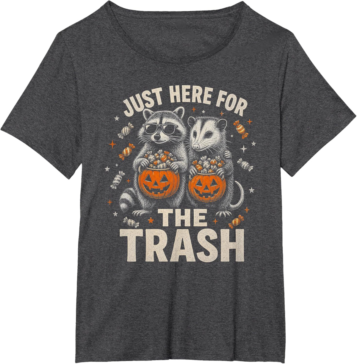 Halloween Raccoon Opossum Just Here for the Trash T-Shirt - Dark Heather Grey