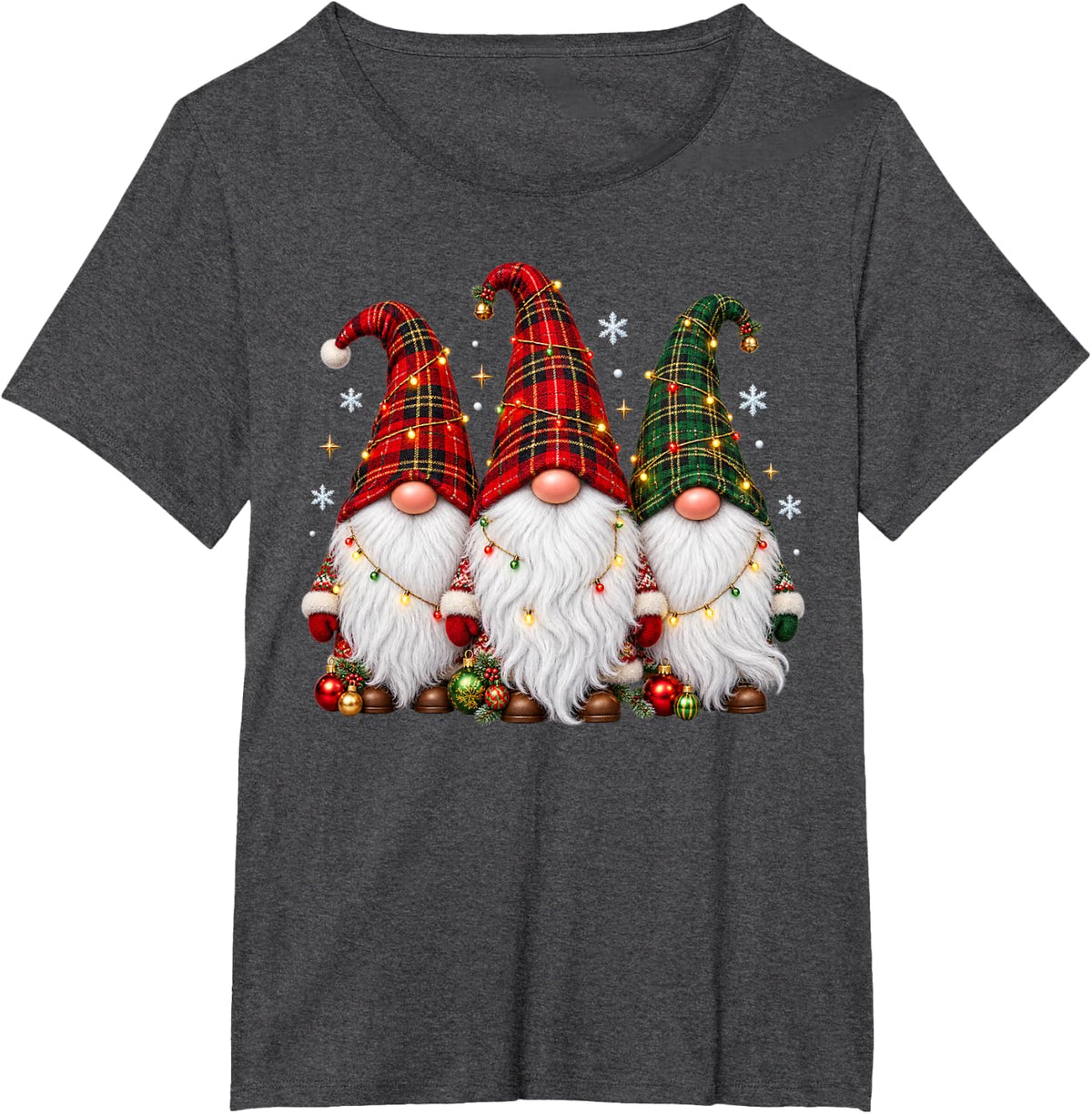 Three Gnomes Men Women Buffalo Plaid Red Christmas T-Shirt - Dark Heather Grey