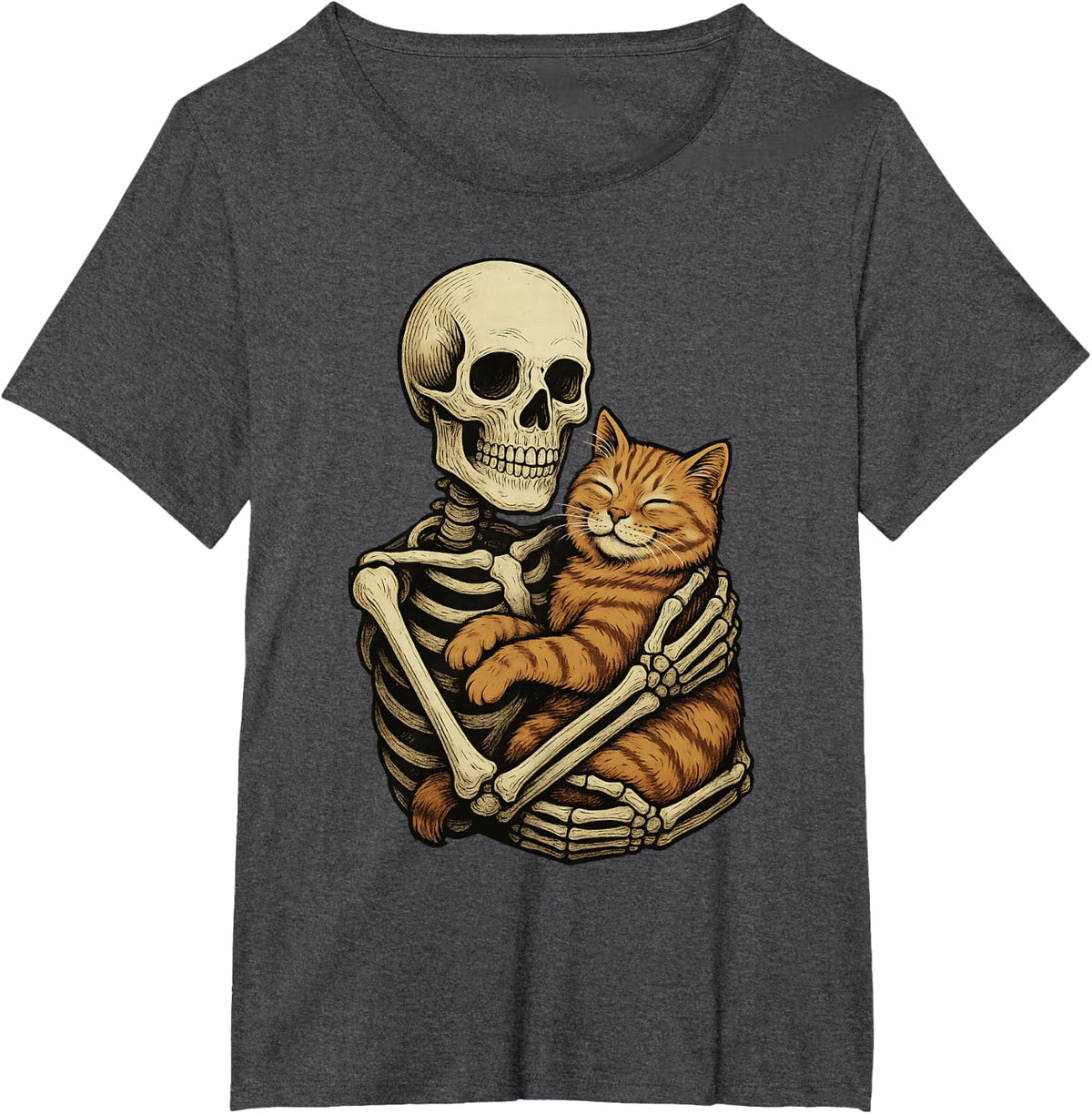 Skeleton Hugging Orange Tabby Cat Funny Halloween T-Shirt Tee for Cat Lovers - Dark Heather Grey