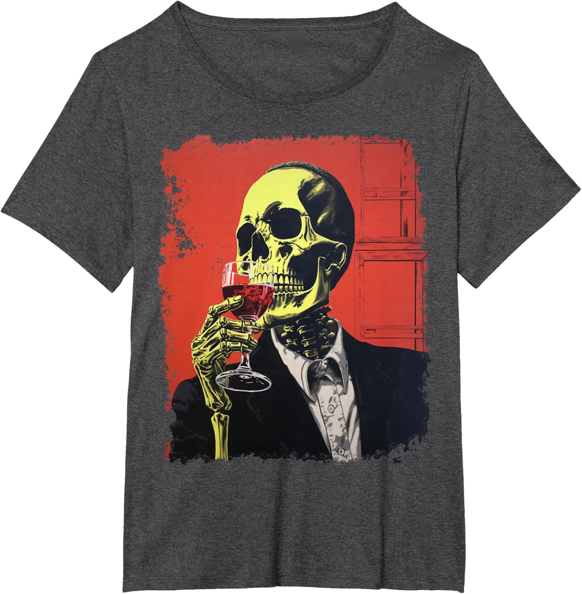 Skeleton Drinking Wine T-Shirt - Dark Heather Grey
