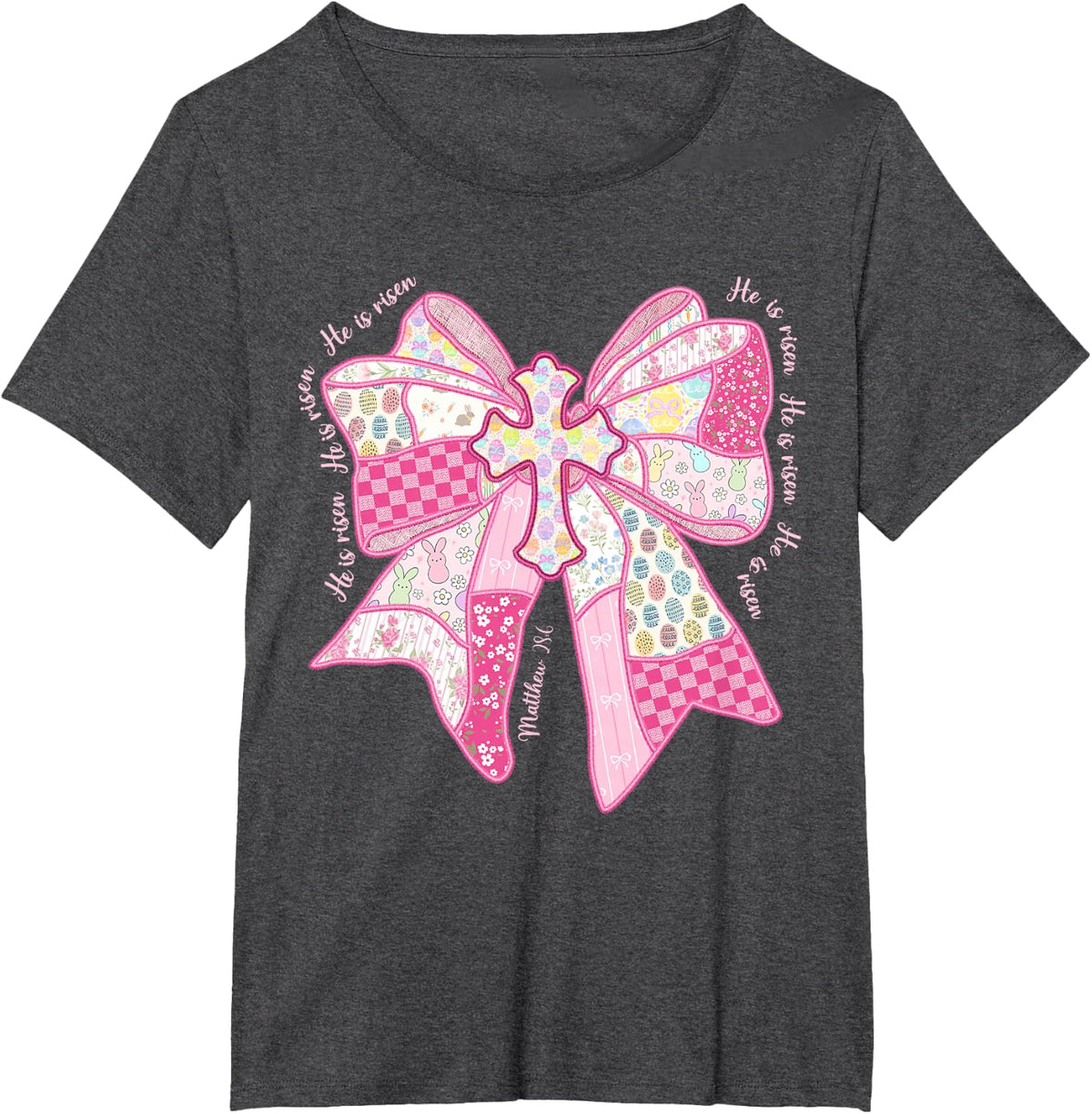 He is Risen Christian Cross Jesus Coquette Bow Bunny Easter T-Shirt - Dark Heather Grey