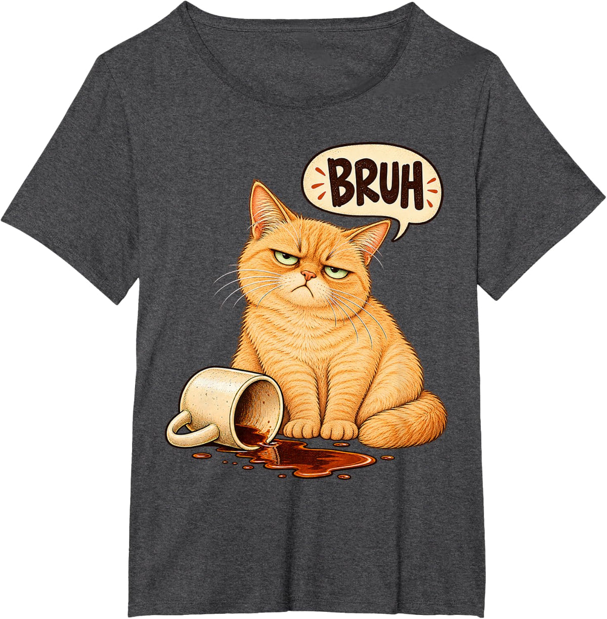 Sleepy Ginger Cat Spilled Coffee Funny Animal Art T-Shirt - Dark Heather Grey