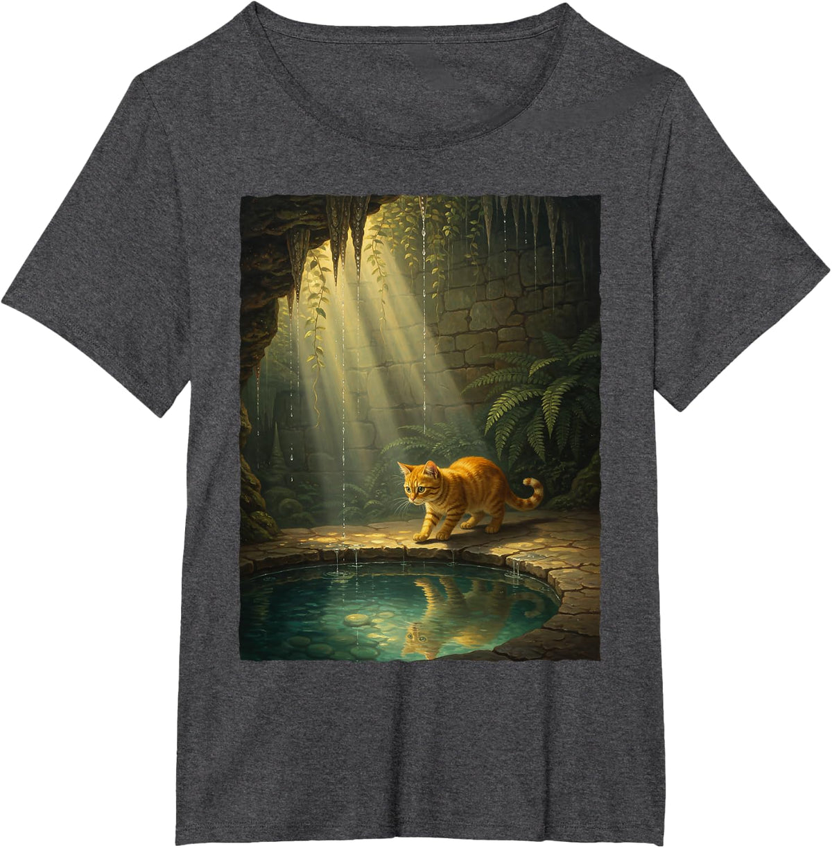 Orange Tabby Ginger Cat Cave Grotto Fantasy Nature Art T-Shirt - Dark Heather Grey