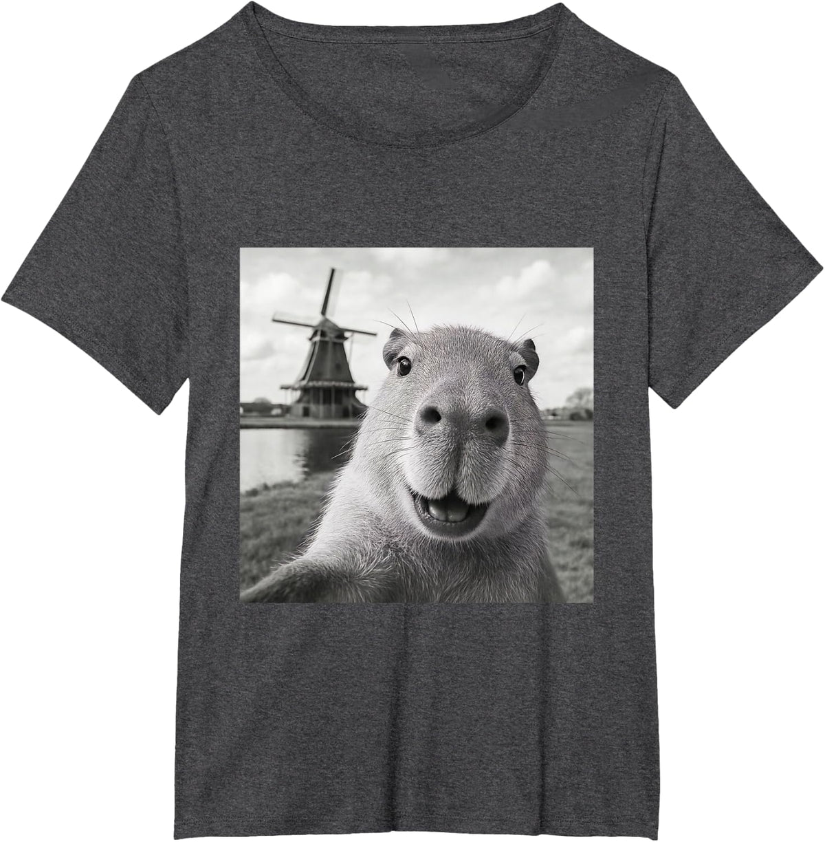 Capybara Selfie Windmill Funny Holland Travel T-Shirt - Dark Heather Grey