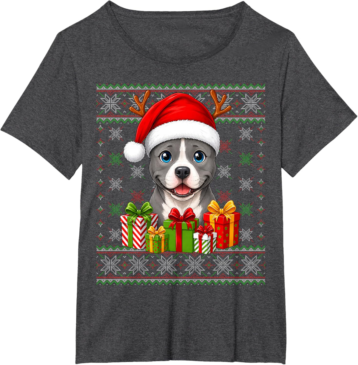 American Staffordshire Terrier Christmas Ugly Sweaters Xmas T-Shirt - Dark Heather Grey