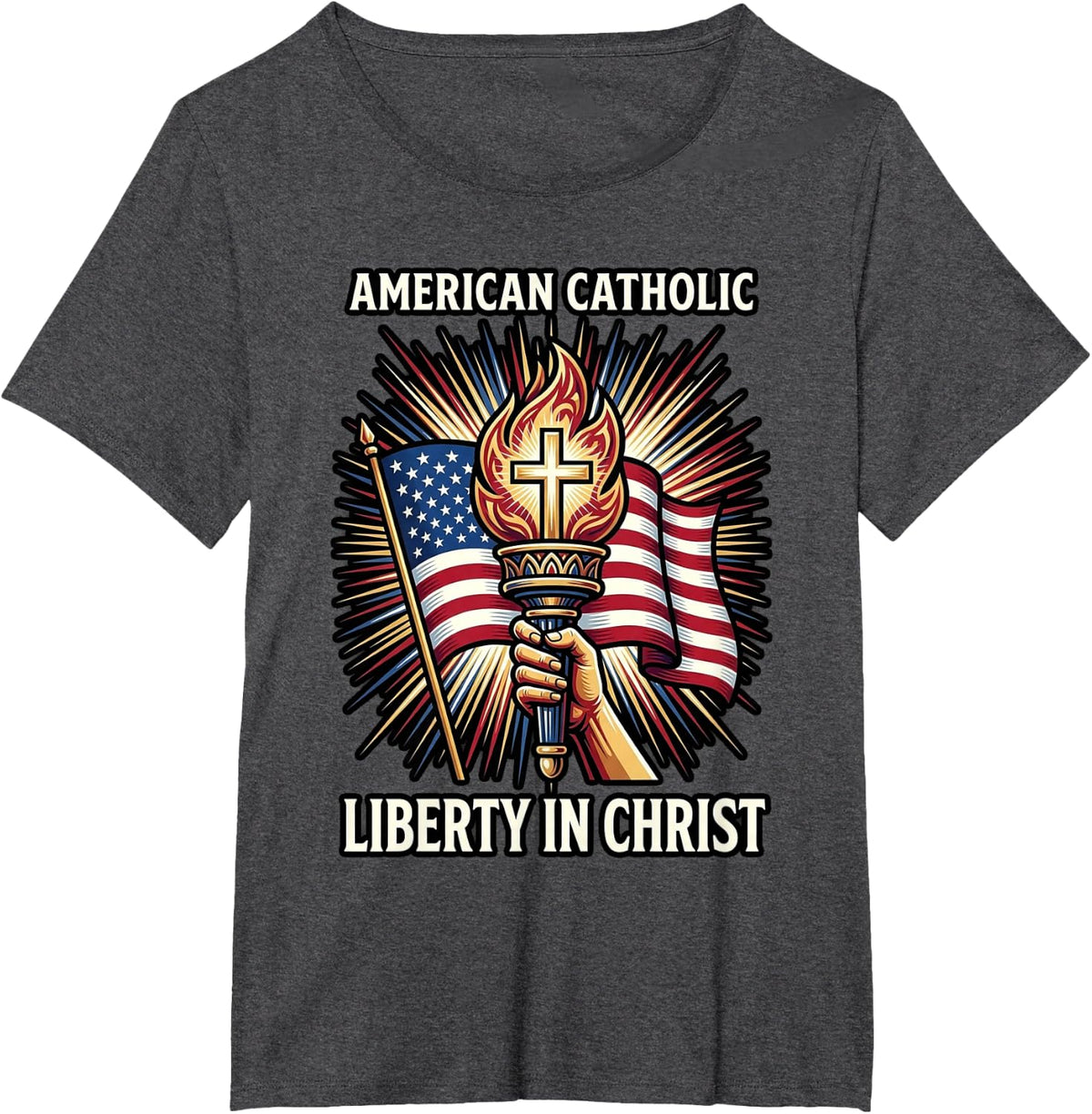 Torch and Cross Flag Rays Liberty Catholic T-Shirt - Dark Heather Grey