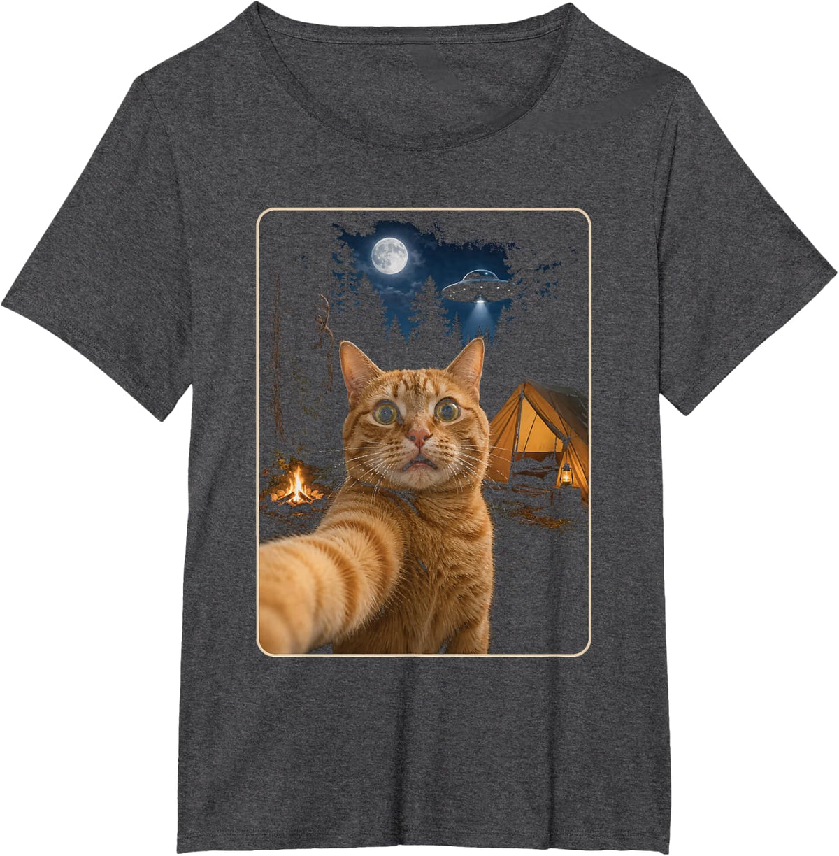 Funny Cat Selfie Bigfoot UFO Alien Sasquatch Ginger Camping T-Shirt - Dark Heather Grey