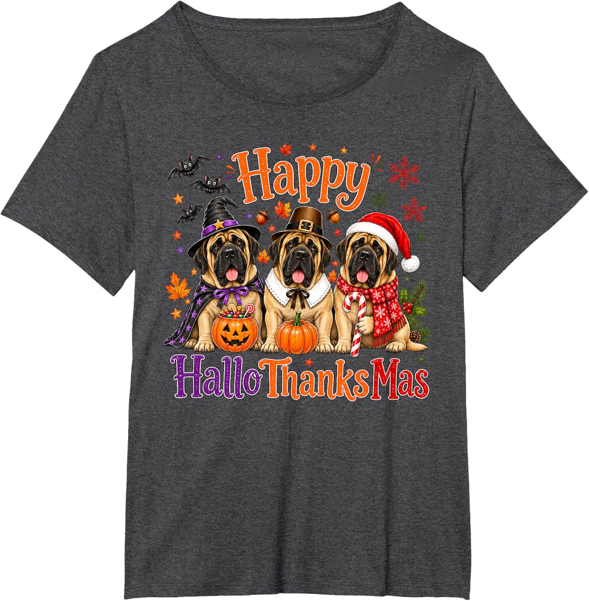 Mastiff Happy Hallothanksmas Halloween Thanksgiving Xmas T-Shirt - Dark Heather Grey