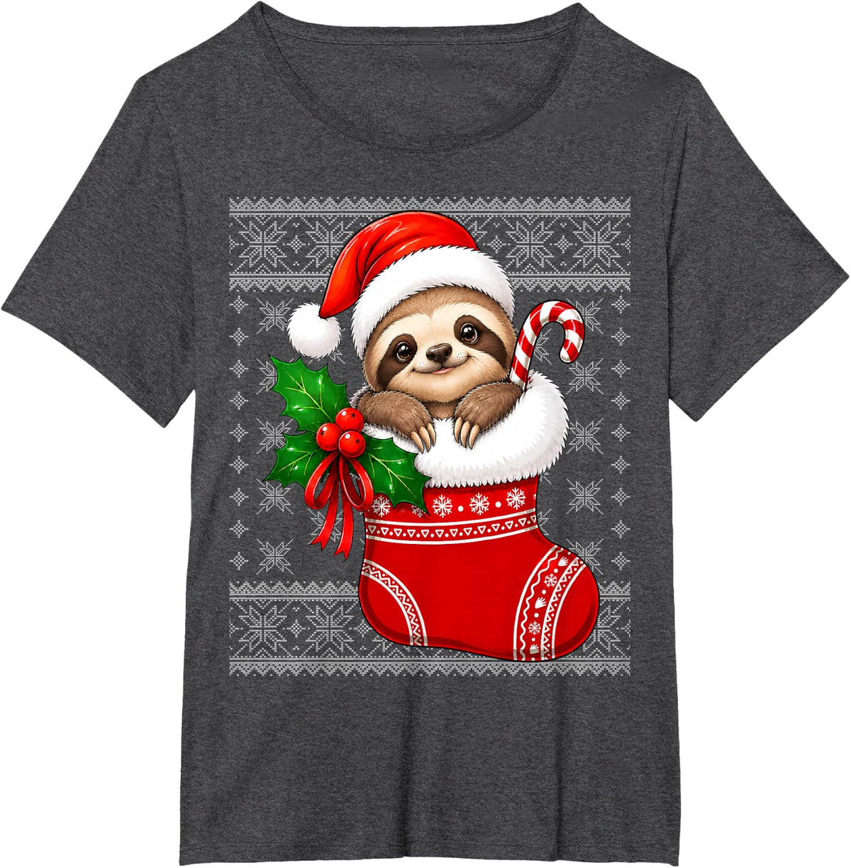 Sloth Christmas Stocking Cute Festive Sloth Ugly Xmas T-Shirt - Dark Heather Grey
