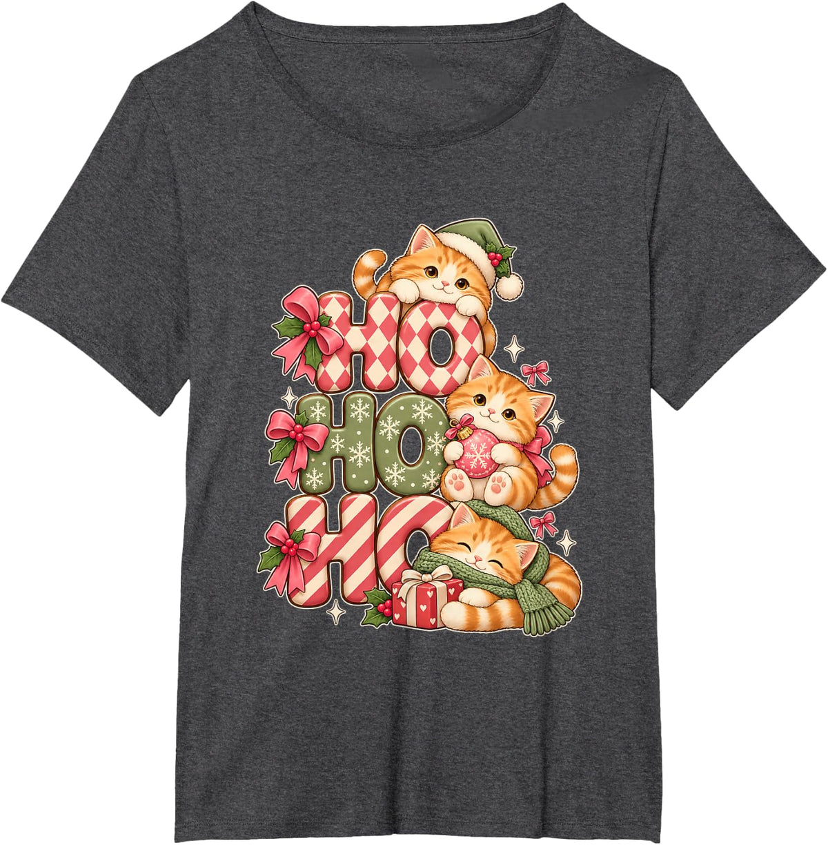 Cute Ginger Cat Christmas Bows T-Shirt - Dark Heather Grey